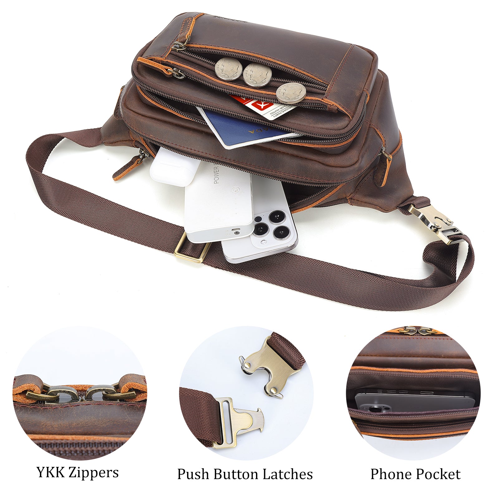 Full Grain Leather Fanny Pack/Waist Belt Bag for Men and Women (Inside)