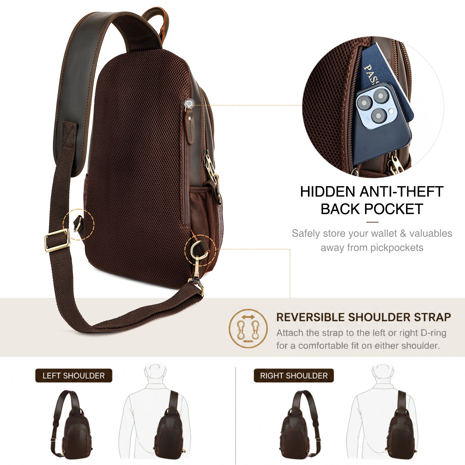 Full Grain Leather Sling Bag for Men hidden anti-theft back pocket and reversible shoulder strap