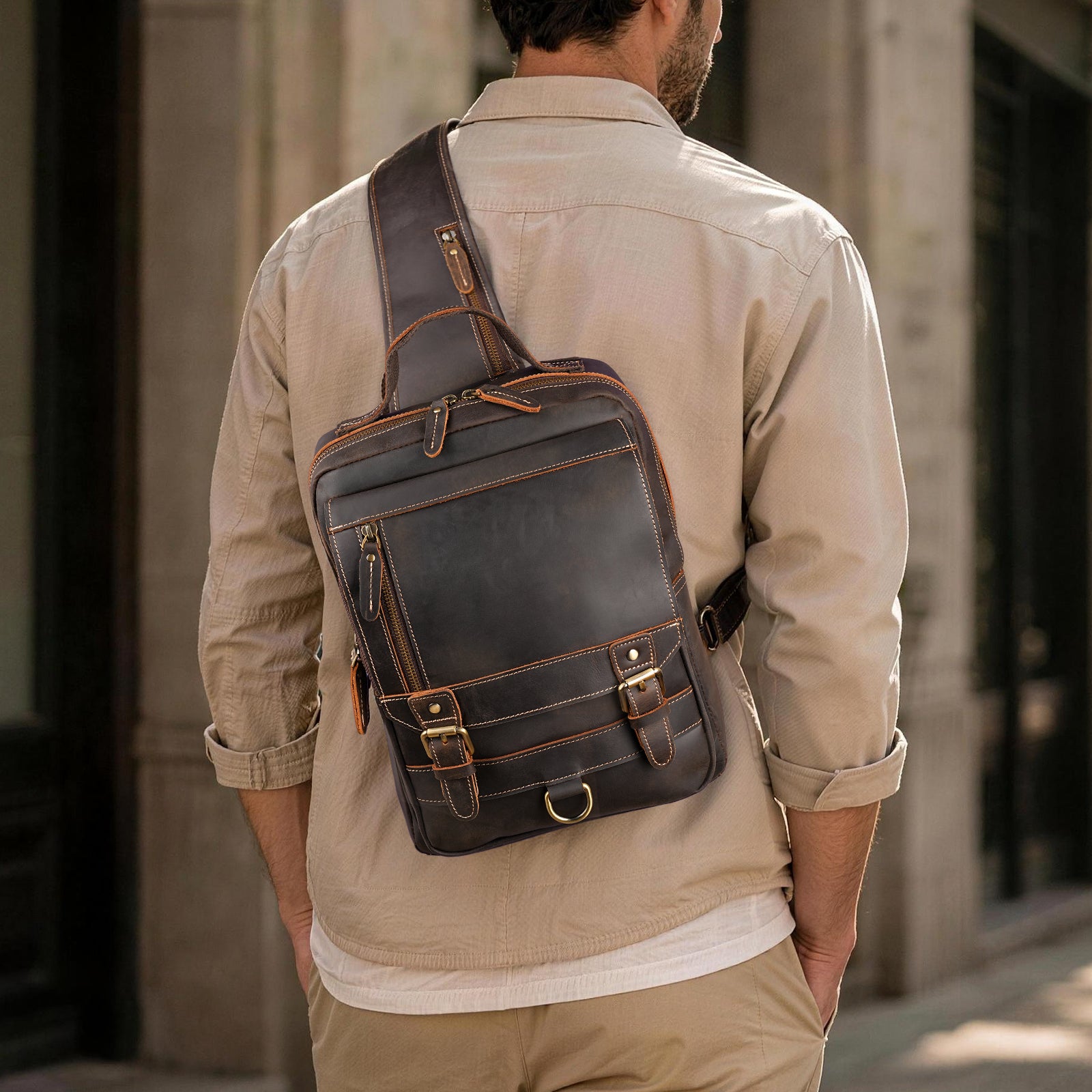 best leather sling backpack Polare Full Grain Shoulder Travel Rucksack Bag 15-16