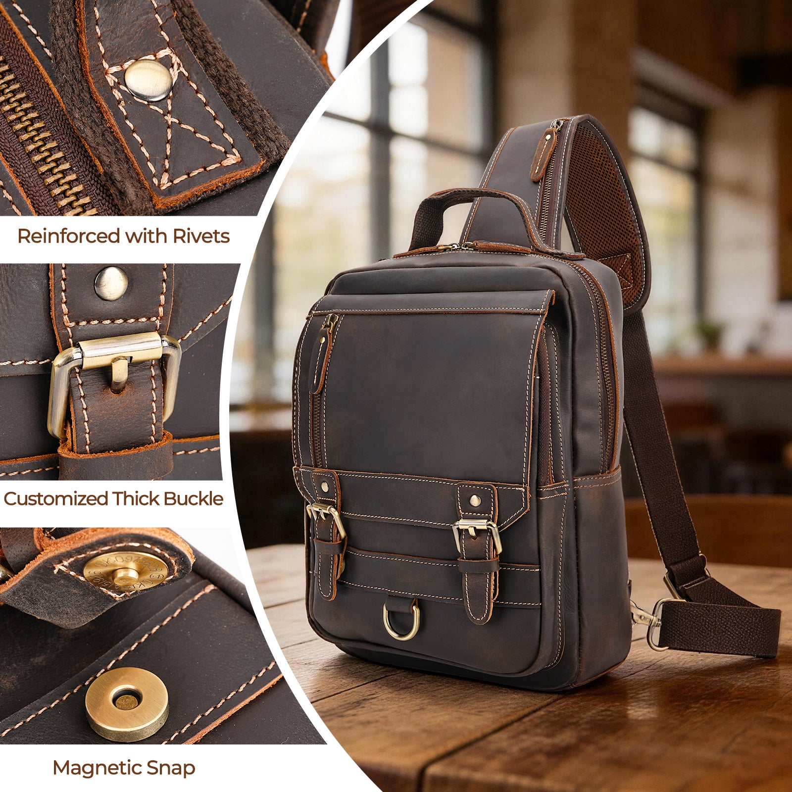 backpack or sling bag for travel Polare Full Grain Leather Shoulder Rucksack Birds Eye Cod Fish Fashionable Embroidery Diamond Shoulder valentine day gift idea Model:Rat Tail Comb