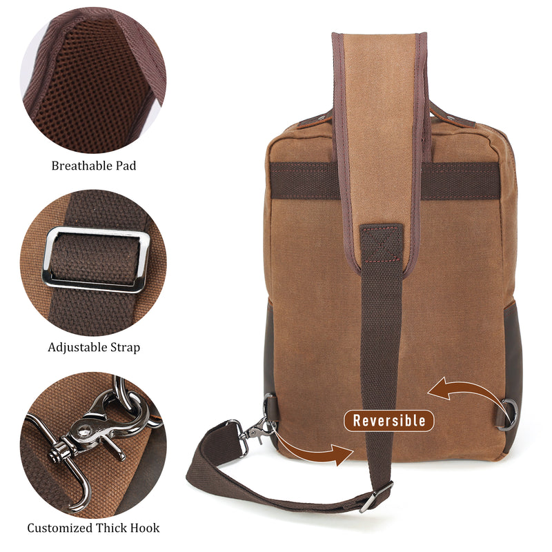 Waterproof Waxed Canvas Cowhide Leather Trim Travel Rucksack Sling Bag (Back)