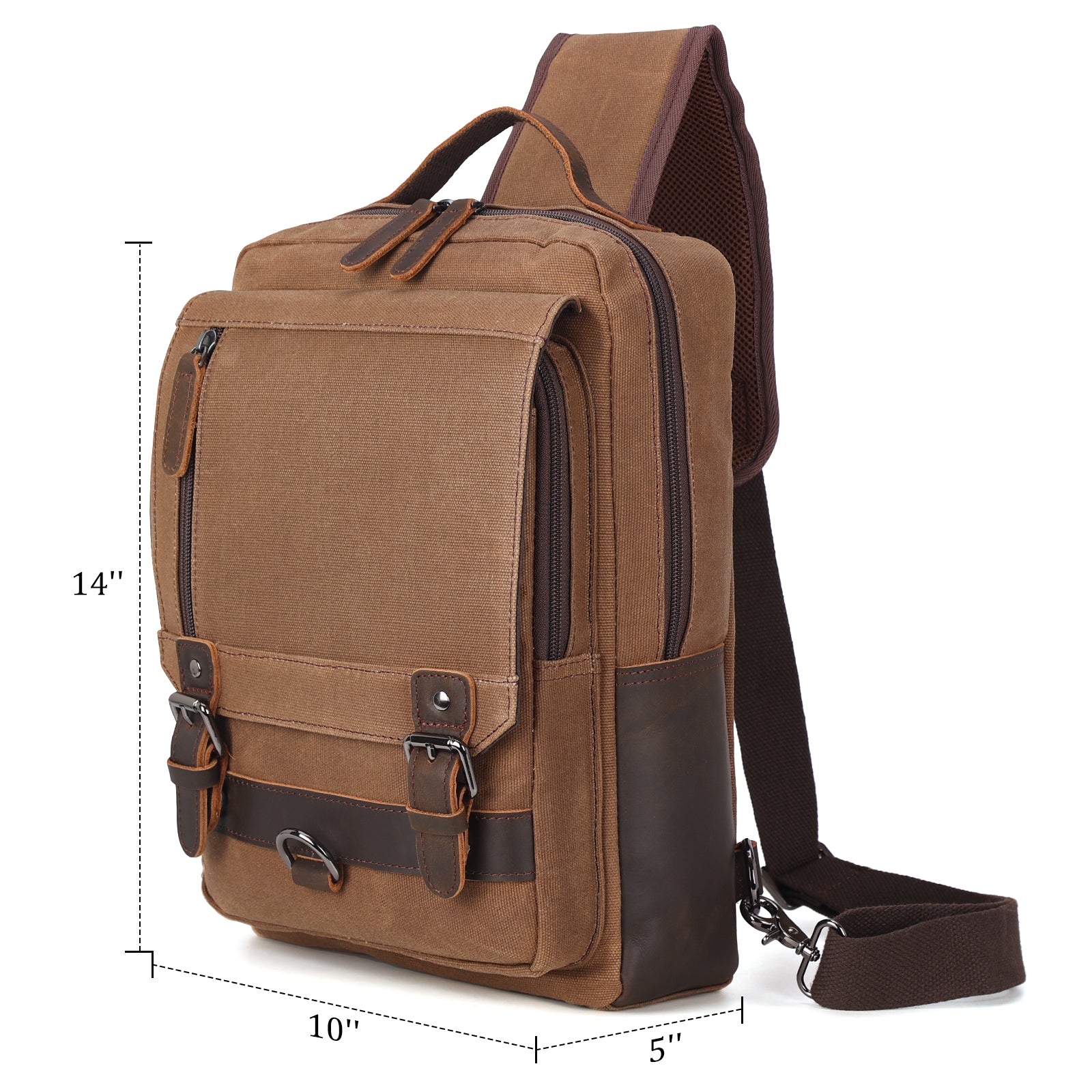Waterproof Waxed Canvas Cowhide Leather Trim Travel Rucksack Sling Bag (Dimension)