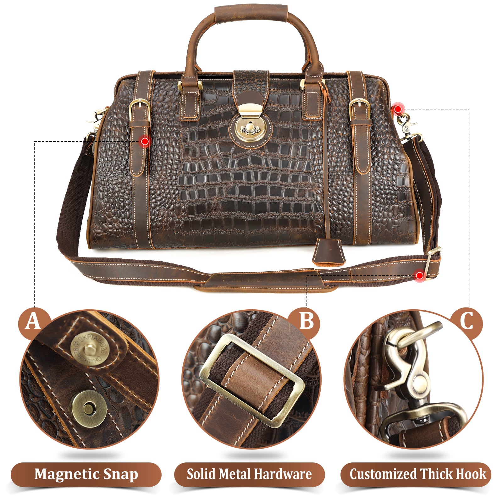 Men's Crocodile Pattern Genuine Leather Bag, Vintage Travel Duffel