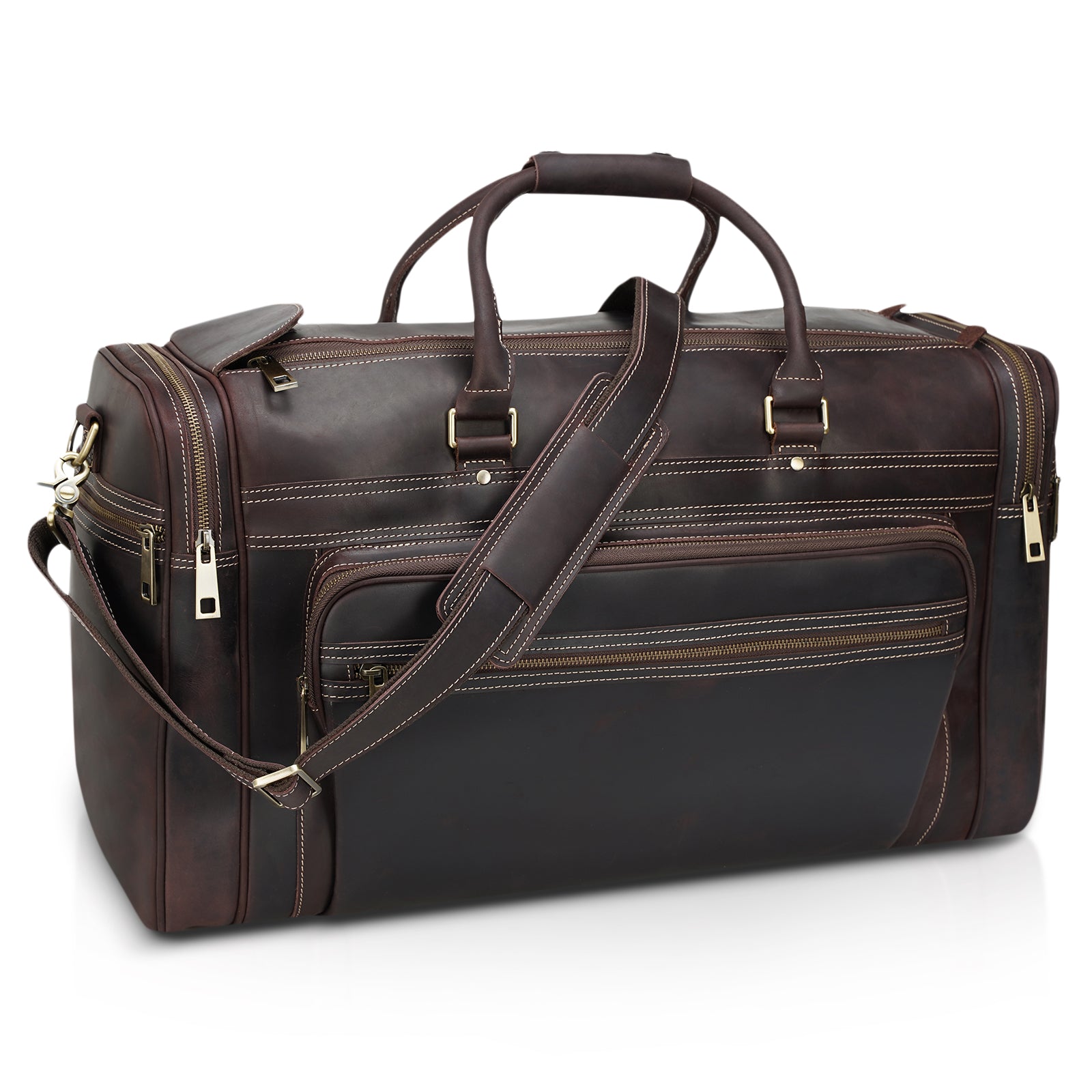 Polare 23.6" Retro Full Grain Leather Duffel Weekender Travel Bag (Dark Brown)