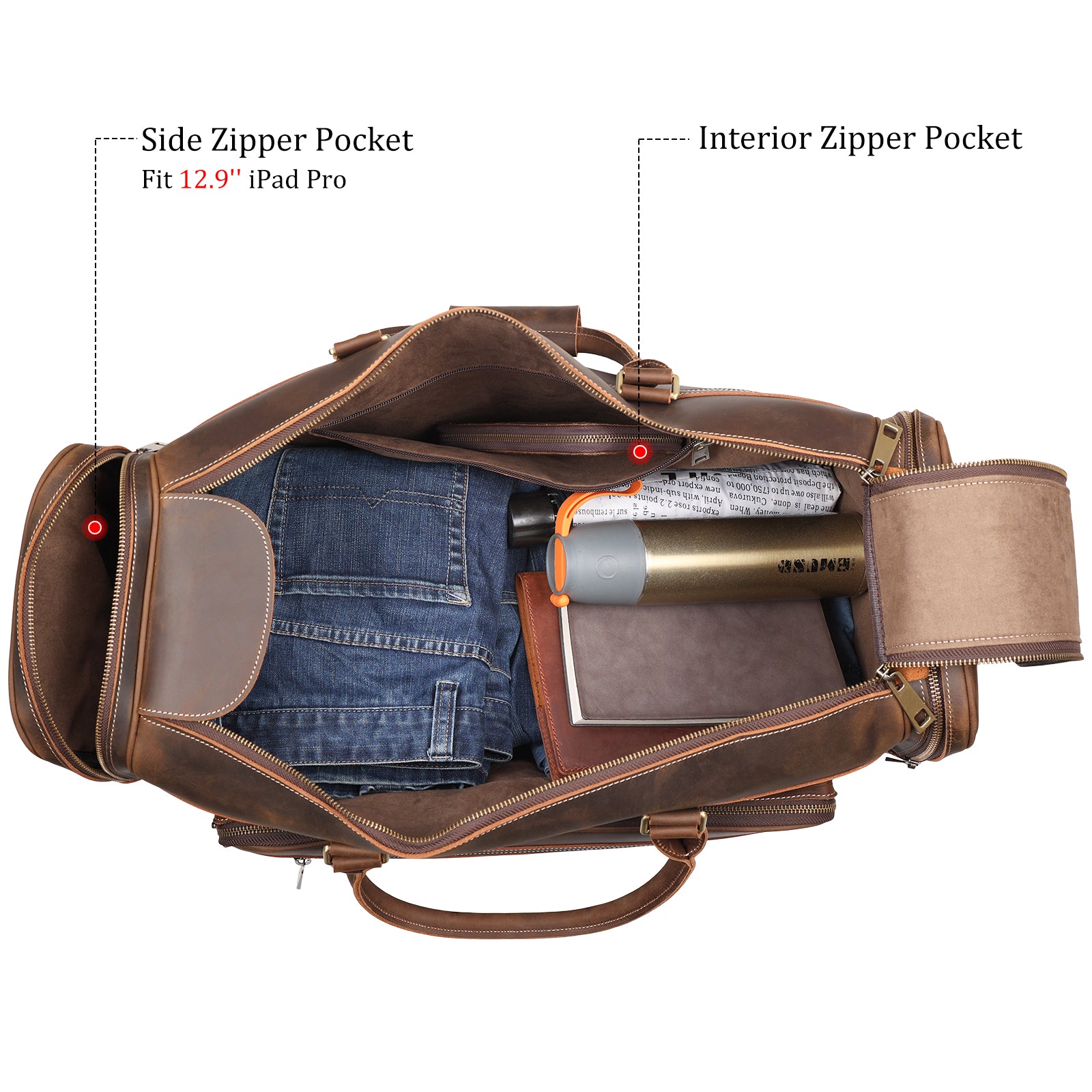 Polare 23.6" Retro Full Grain Leather Duffel Weekender Travel Bag (Inside)