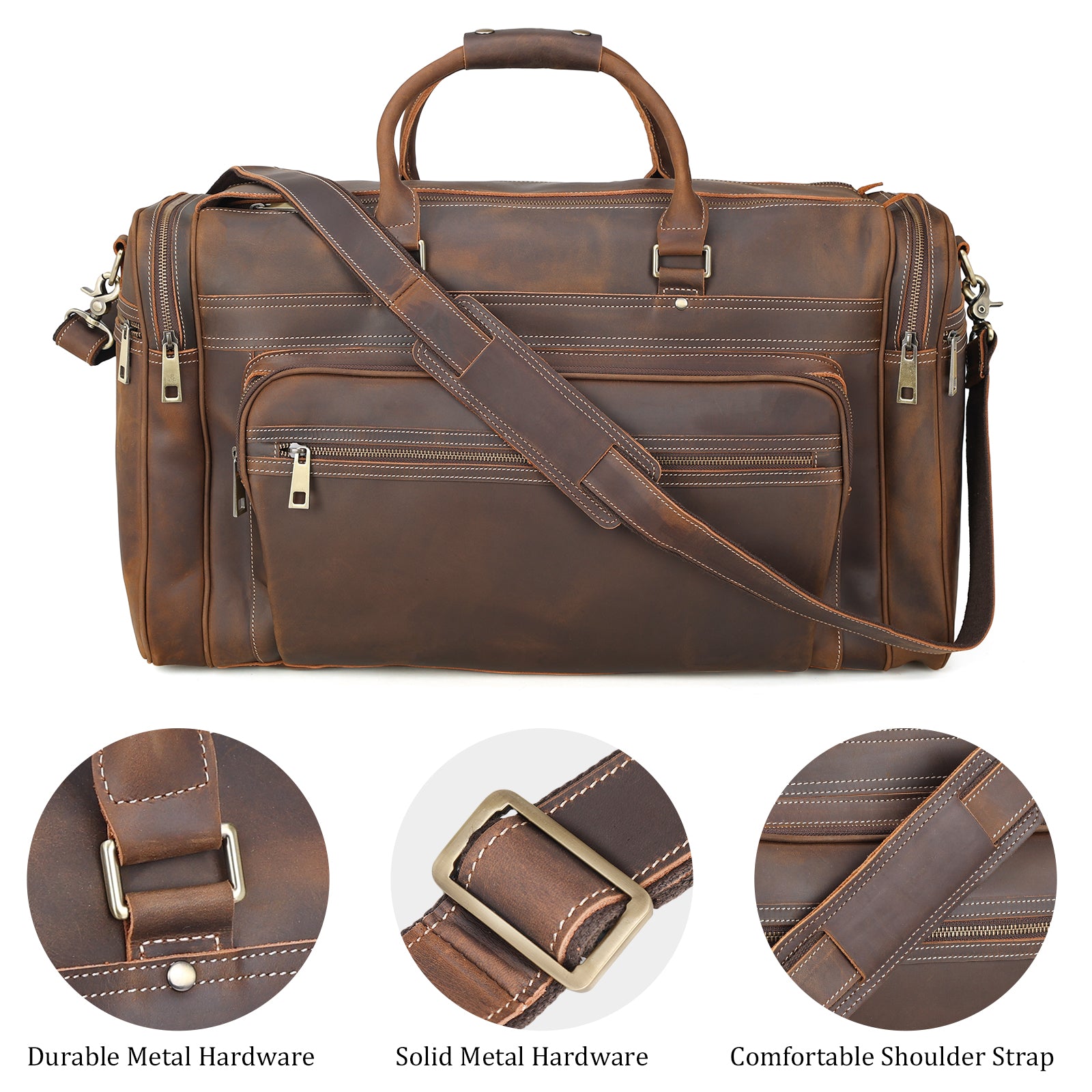 Polare 23.6" Retro Full Grain Leather Duffel Weekender Travel Bag (Brown,Details)