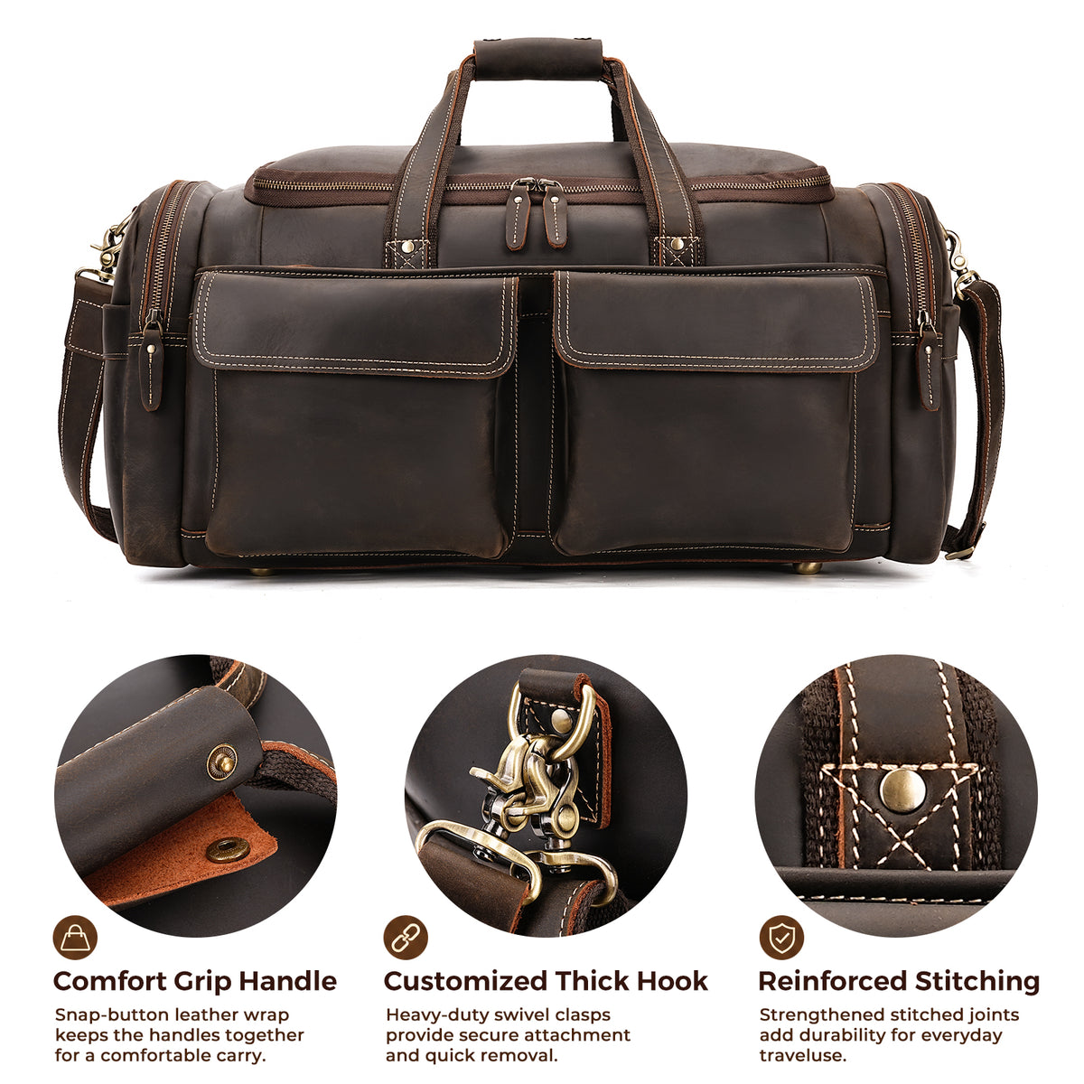 Full Grain Leather Duffel Bag for Men durable hardware reinforced stitching