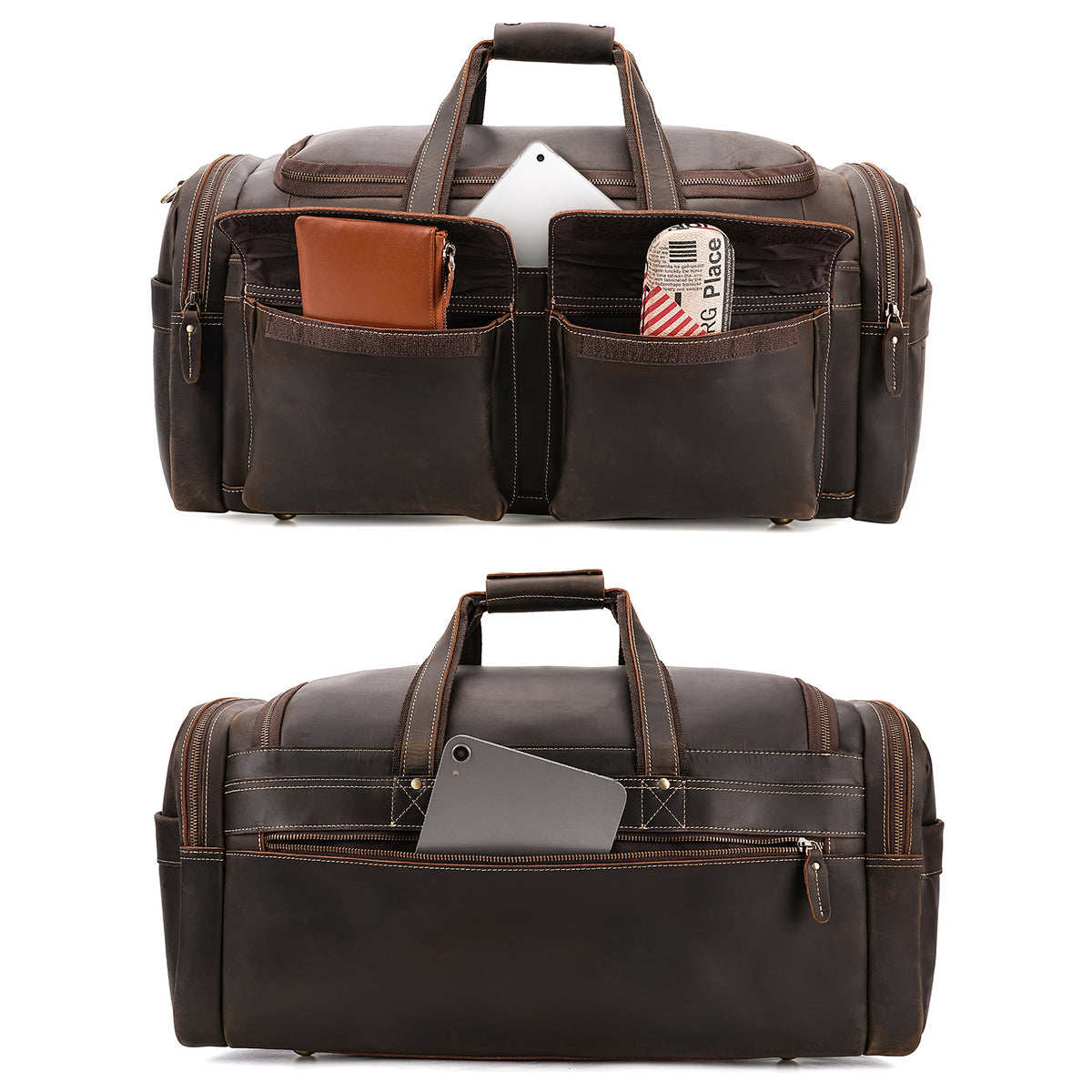 Full Grain Leather Duffel Bag for Men multiple exterior storage pockets