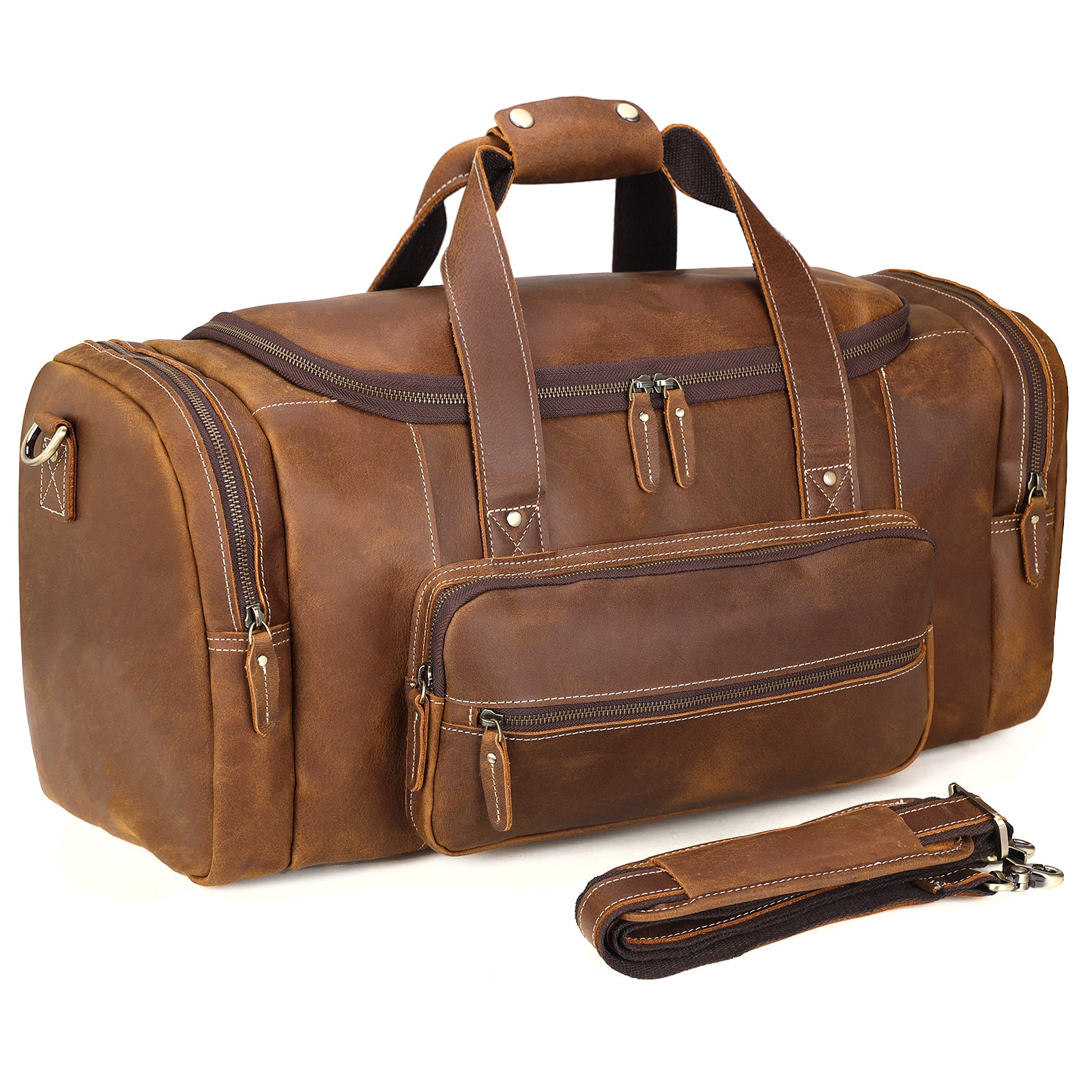 Polare 23" Full Grain Leather Gym Weekender Luggage Bag (Light Brown)