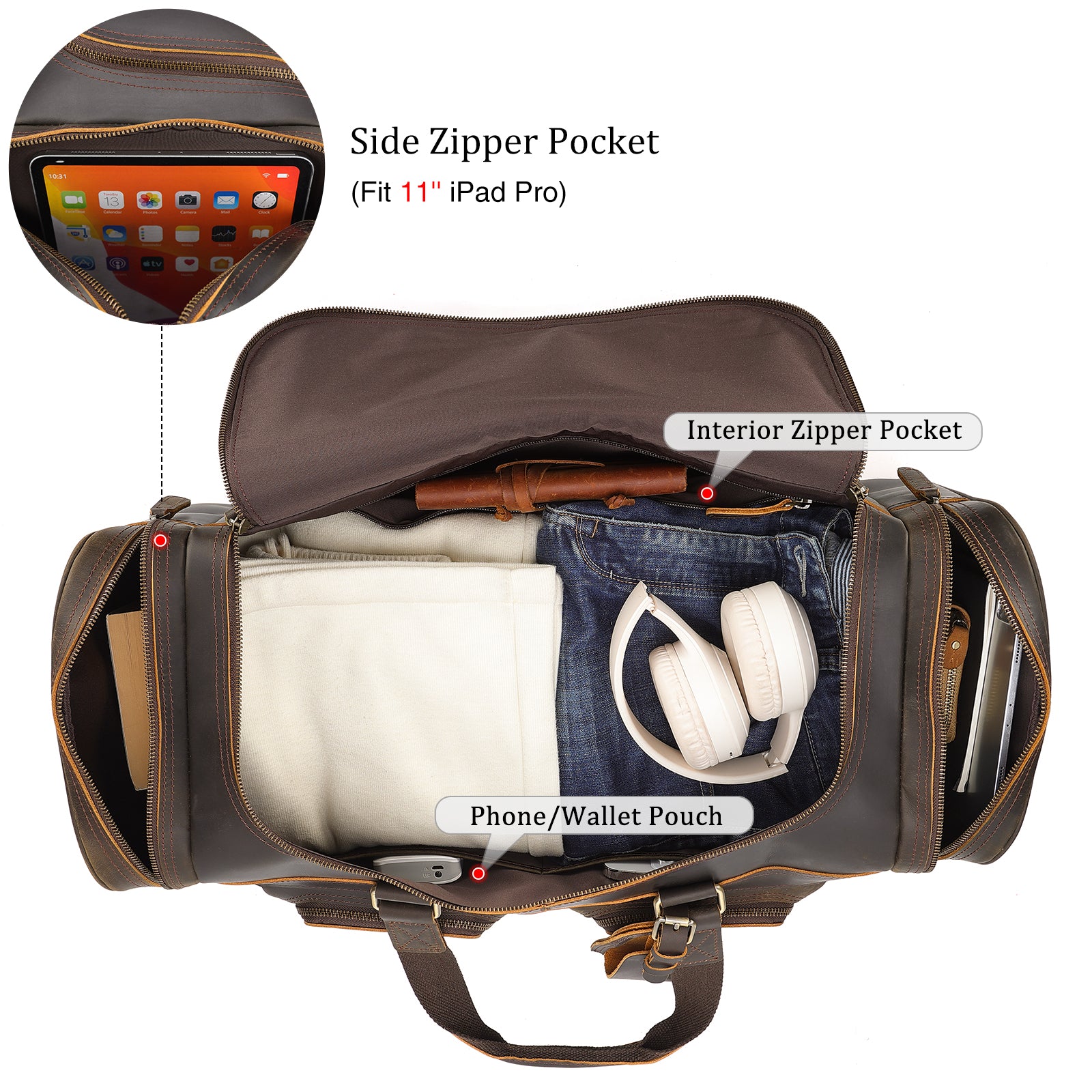 23"/26" Leather Duffel Weekender Travel Bag For Men (Inside)