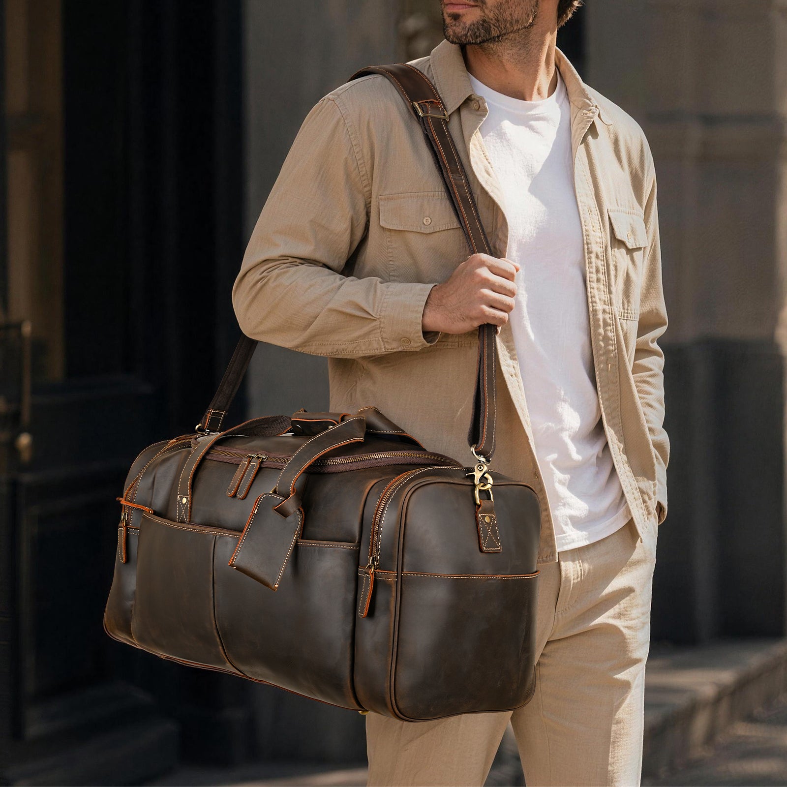 Full Grain Leather Weekender Bag for Men business travel carry style
