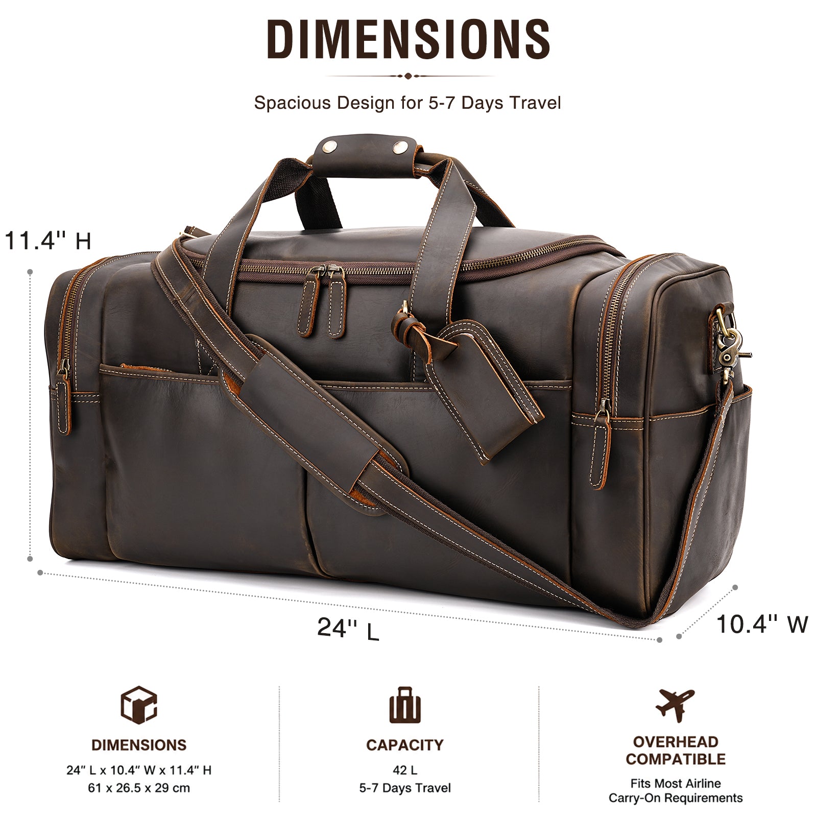 Full Grain Leather Weekender Bag for Men large capacity carry on travel bag