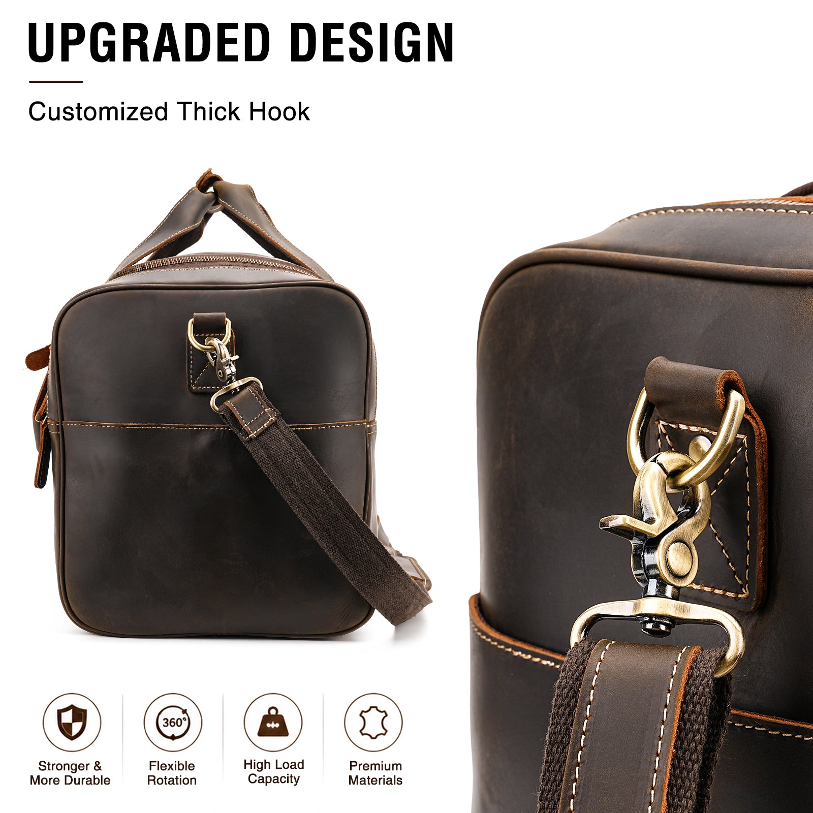 Full Grain Leather Weekender Bag for Men durable metal hardware shoulder strap