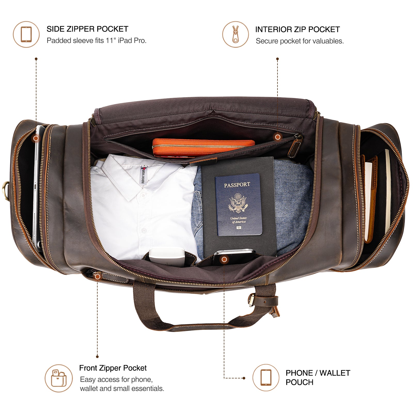 Full Grain Leather Weekender Bag for Men spacious interior organizer storage