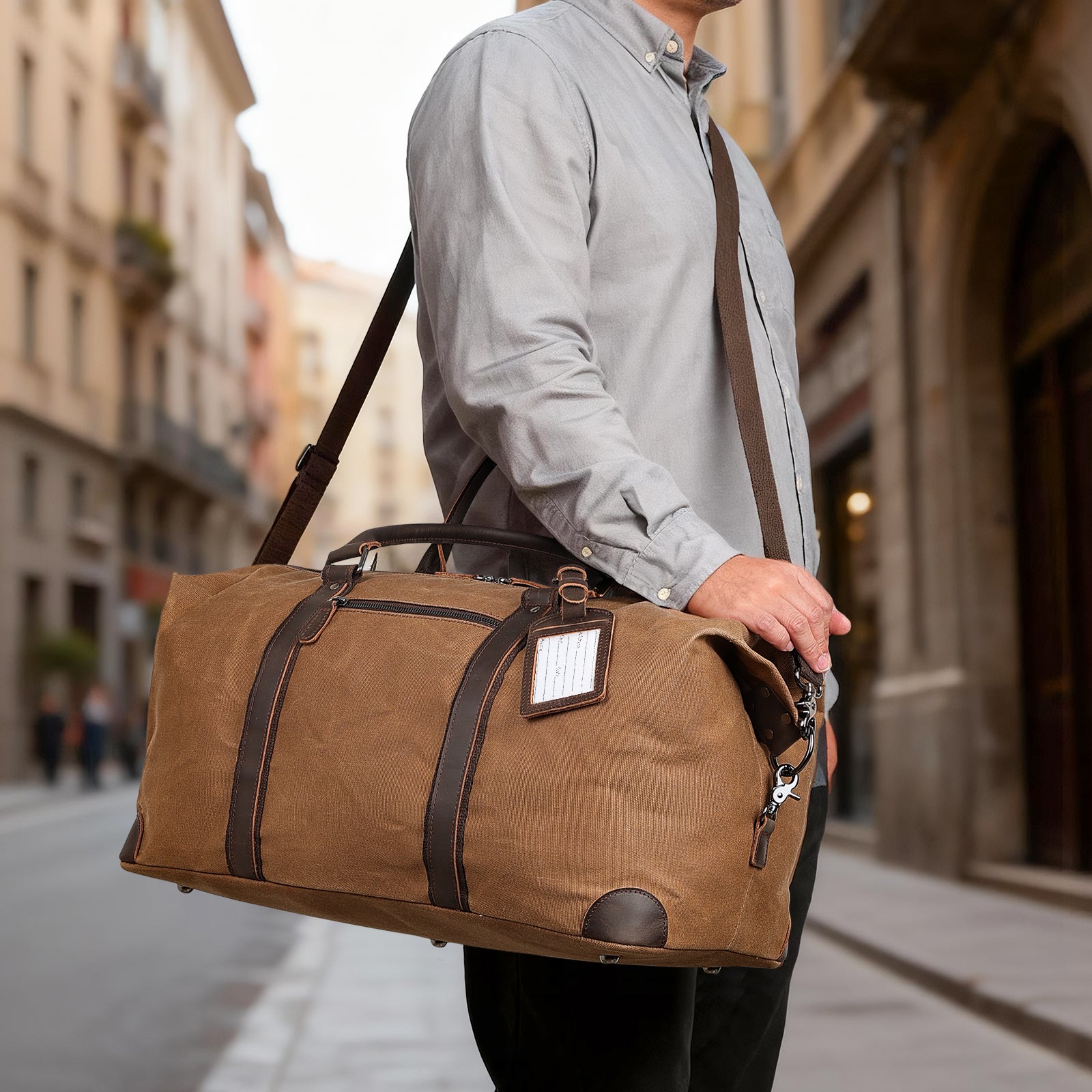 Polare 22” Waxed Canvas Cowhide Leather Travel Duffel Bag(Scenario Shows)