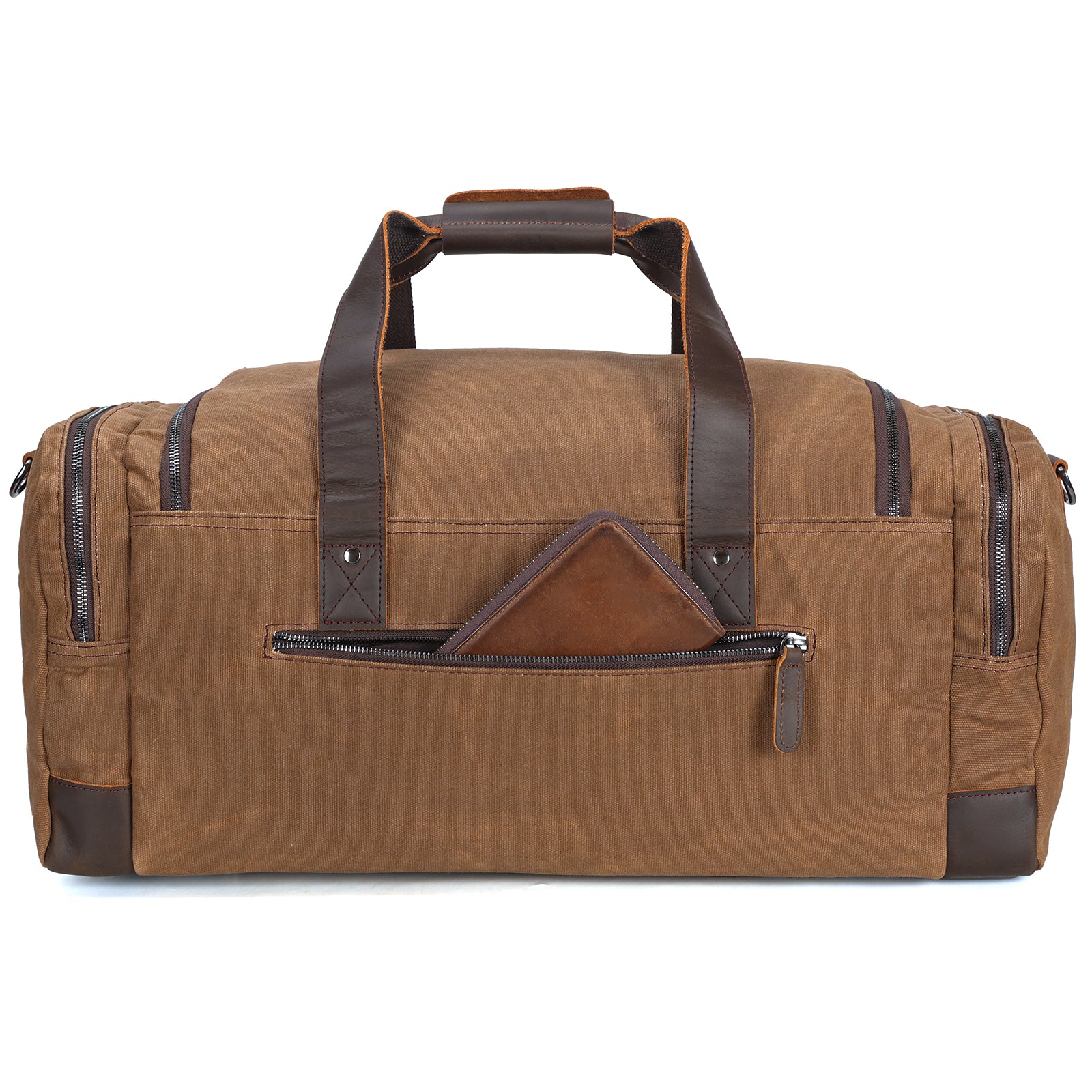 23" Travel Waxed Canvas Cowhide Leather 42L Trim Duffel Bag (Back)