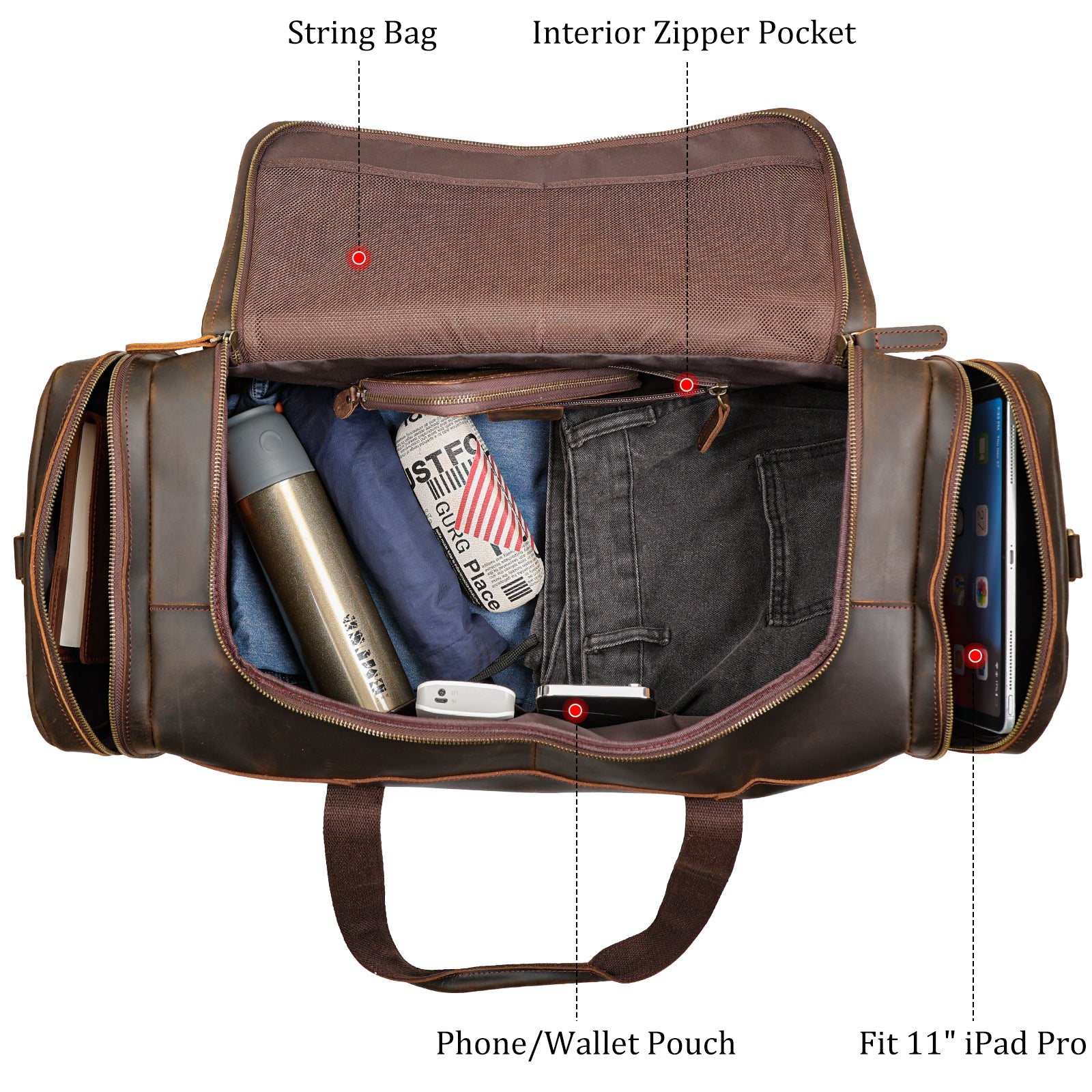 Full Grain Leather Travel Duffle Bag 42L Sport Weekender Bag (Inside)