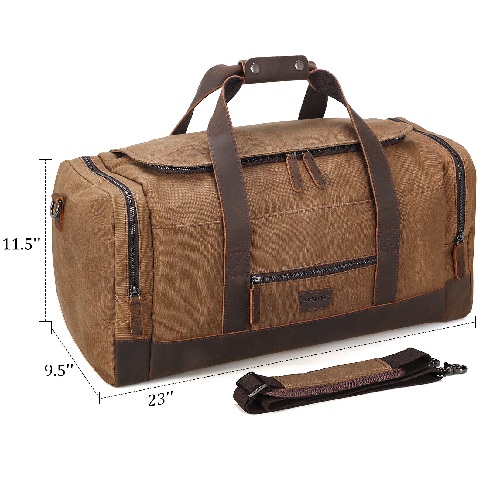 Polare 23” Waxed Canvas Cowhide Leather Waterproof Travel Duffel Bag Trim  Luggage Weekender Overnight Carry on Hand Bag