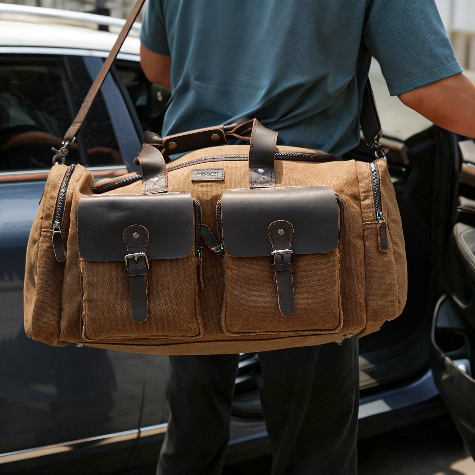 23" Waxed Canvas Leather Duffel Bag for Men (Crossbody Weekender Bag)