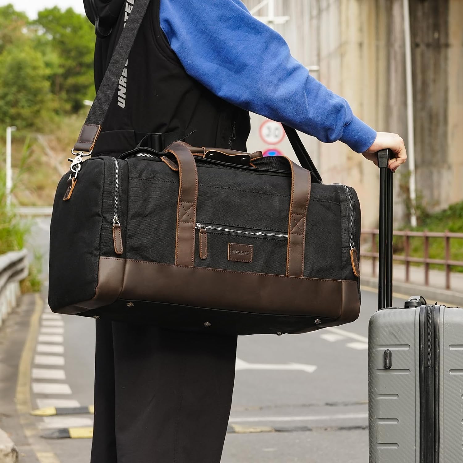 23" Canvas Leather Bag 42L Waterproof  Travel Carry on Duffel Bag (Model Display)