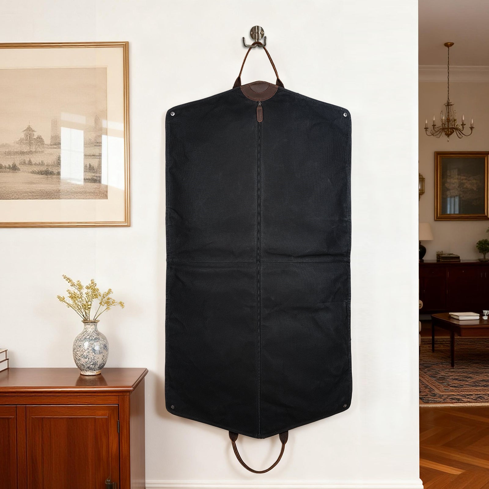 Waxed Canvas Full Grain Leather Trim Garment Bag for Travel (Black,Open)