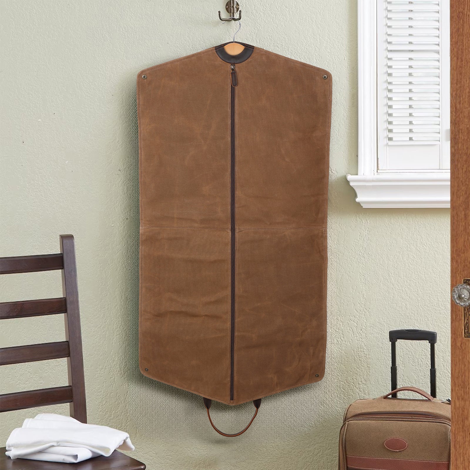 Waxed Canvas Full Grain Leather Trim Garment Bag for Travel (Open)