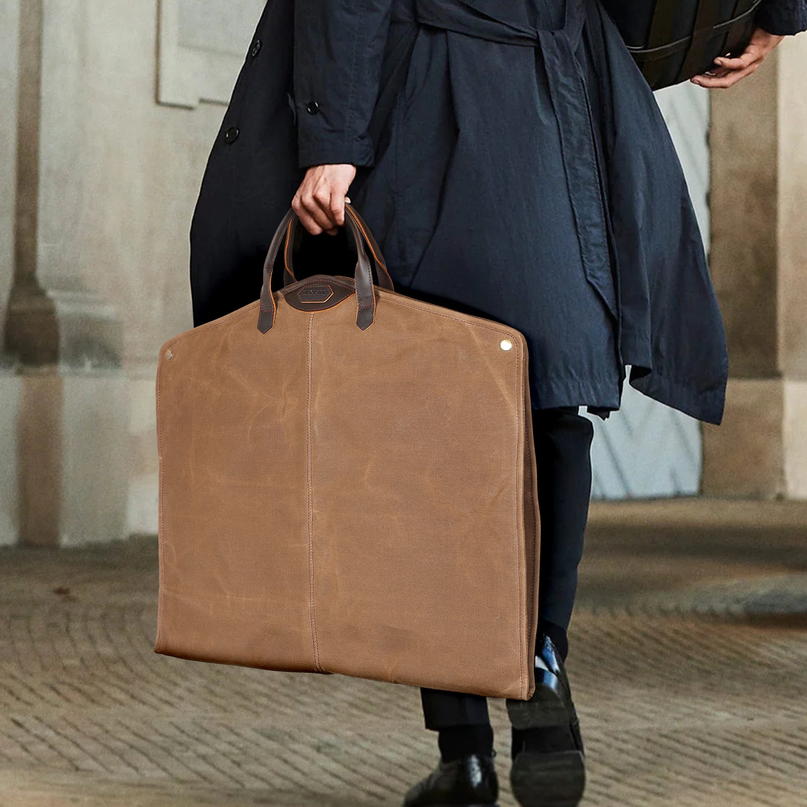 Waxed Canvas Full Grain Leather Trim Garment Bag for Travel (Model Display)