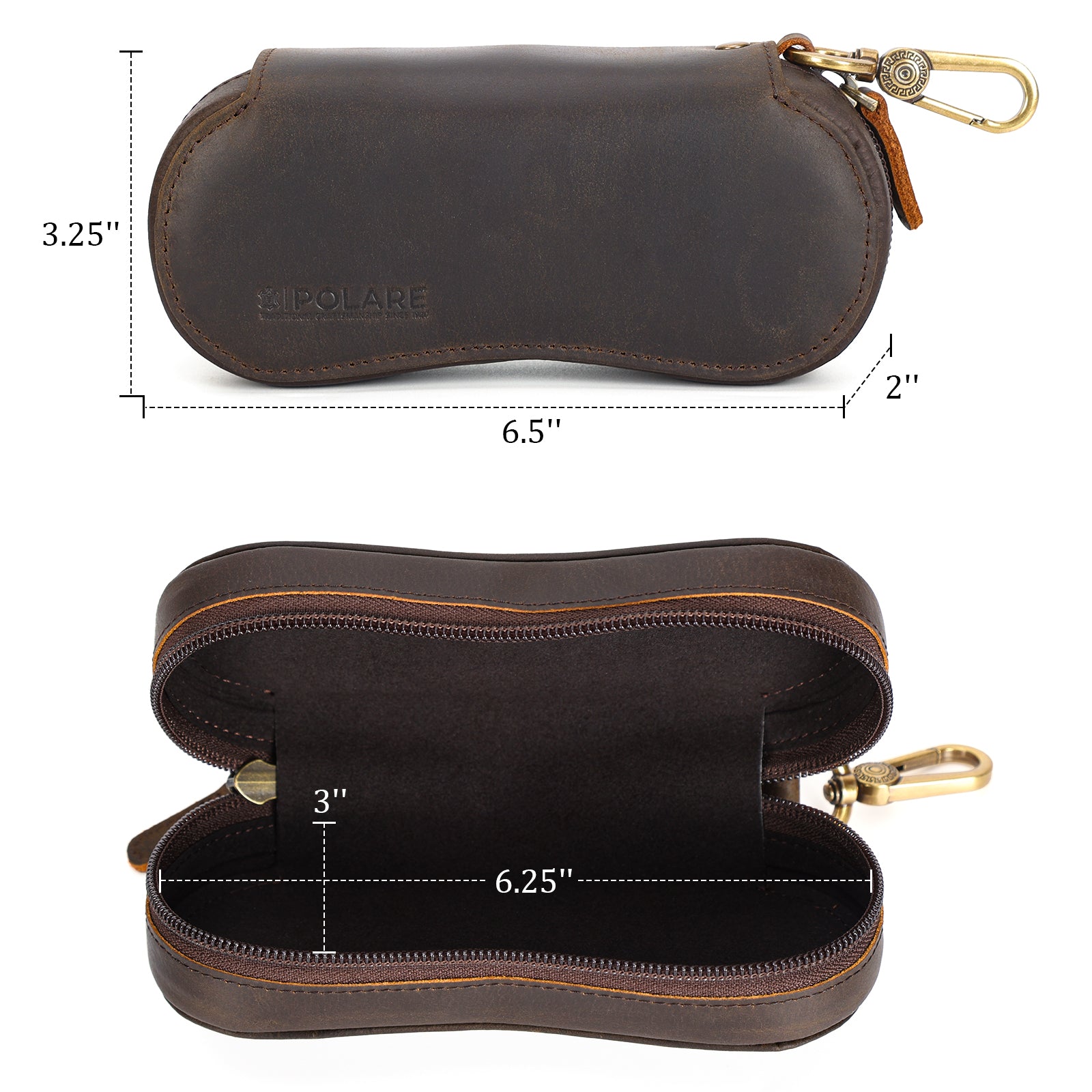 Full Grain Leather Glasses Case Safety Sunglasses Case with YKK Zipper (Dimension)