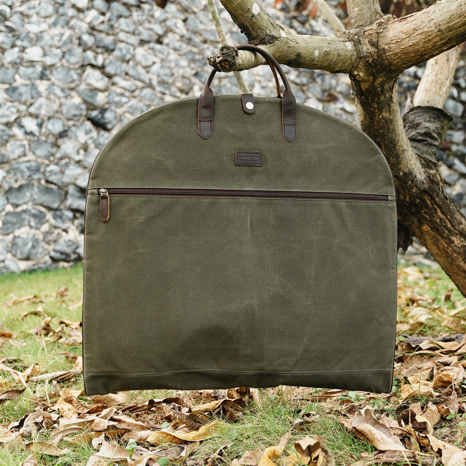 Full Grain Leather Trim Waxed Canvas Carry On Garment Bag (Scenario Shows)