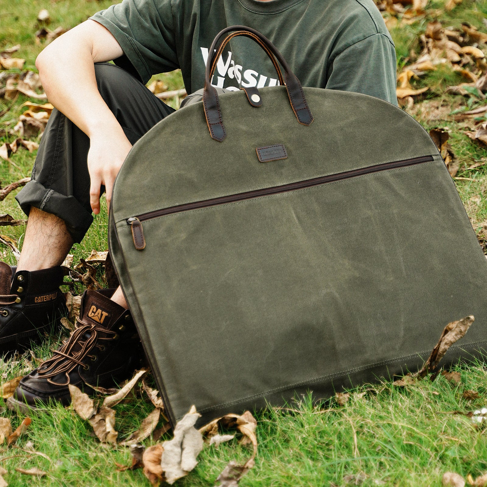 Full Grain Leather Trim Waxed Canvas Carry On Garment Bag (Scenario Shows)