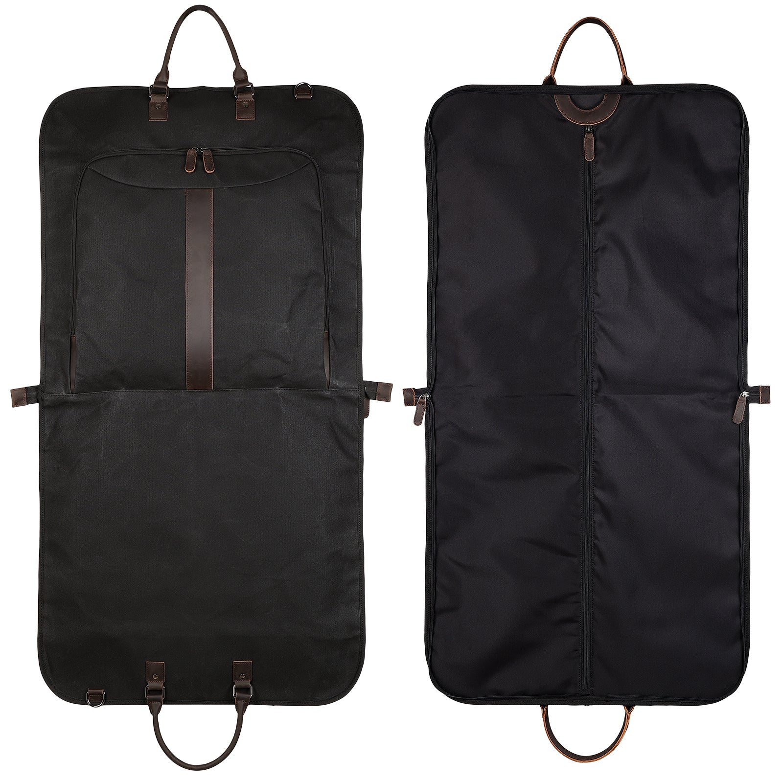 Waxed Canvas Full Grain Leather Trim Garment Carry On Bag (Black,Unfold the front and back)