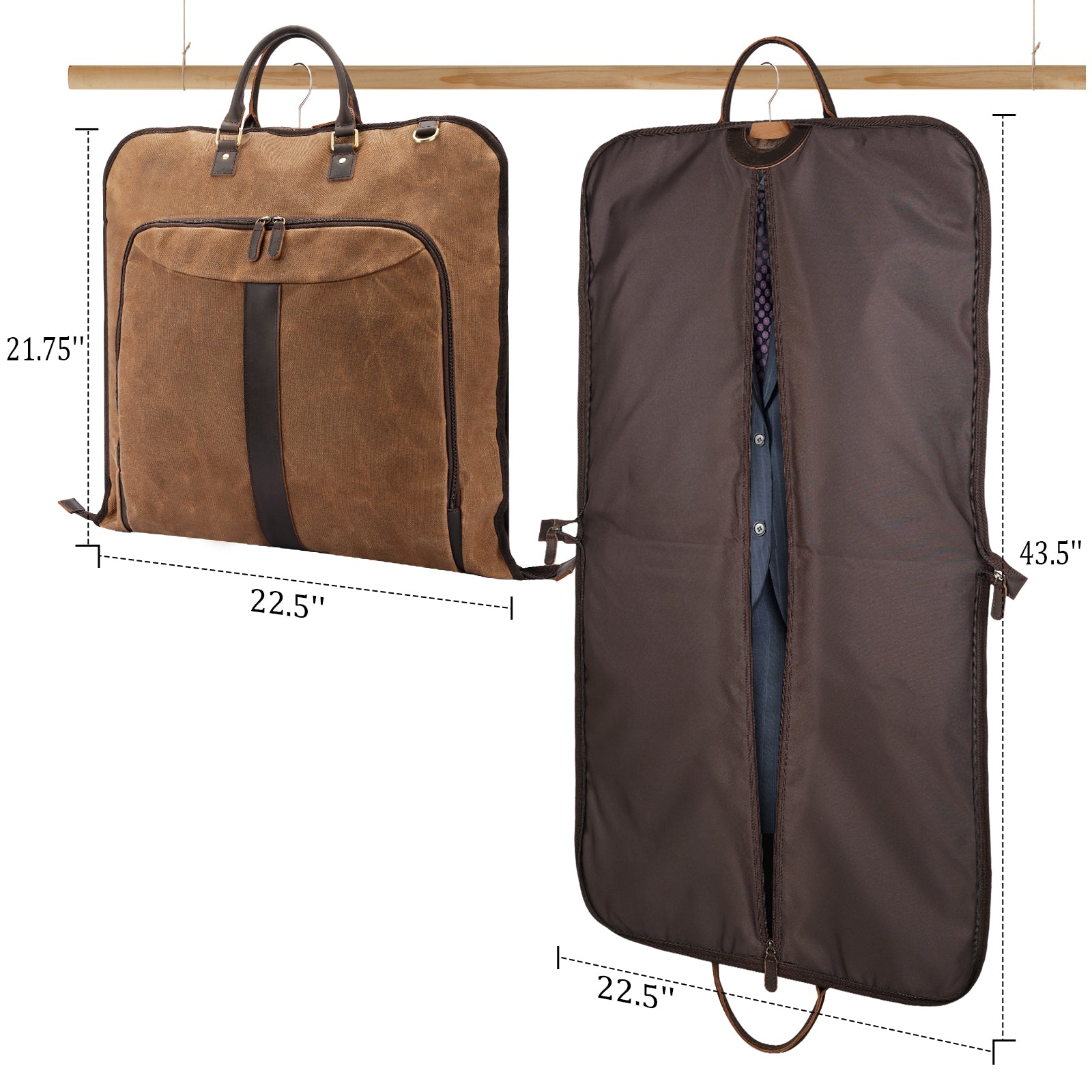 Waxed Canvas Full Grain Leather Trim Garment Carry On Bag (Brown,garment bag with luggage sleeve)
