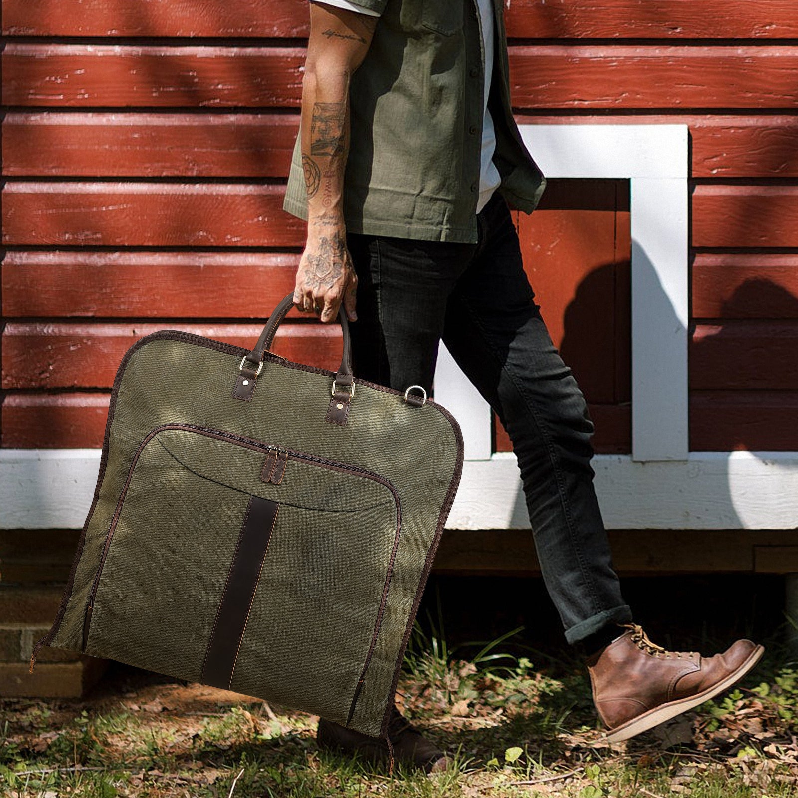 Waxed Canvas Full Grain Leather Trim Garment Carry On Bag (Model Display)