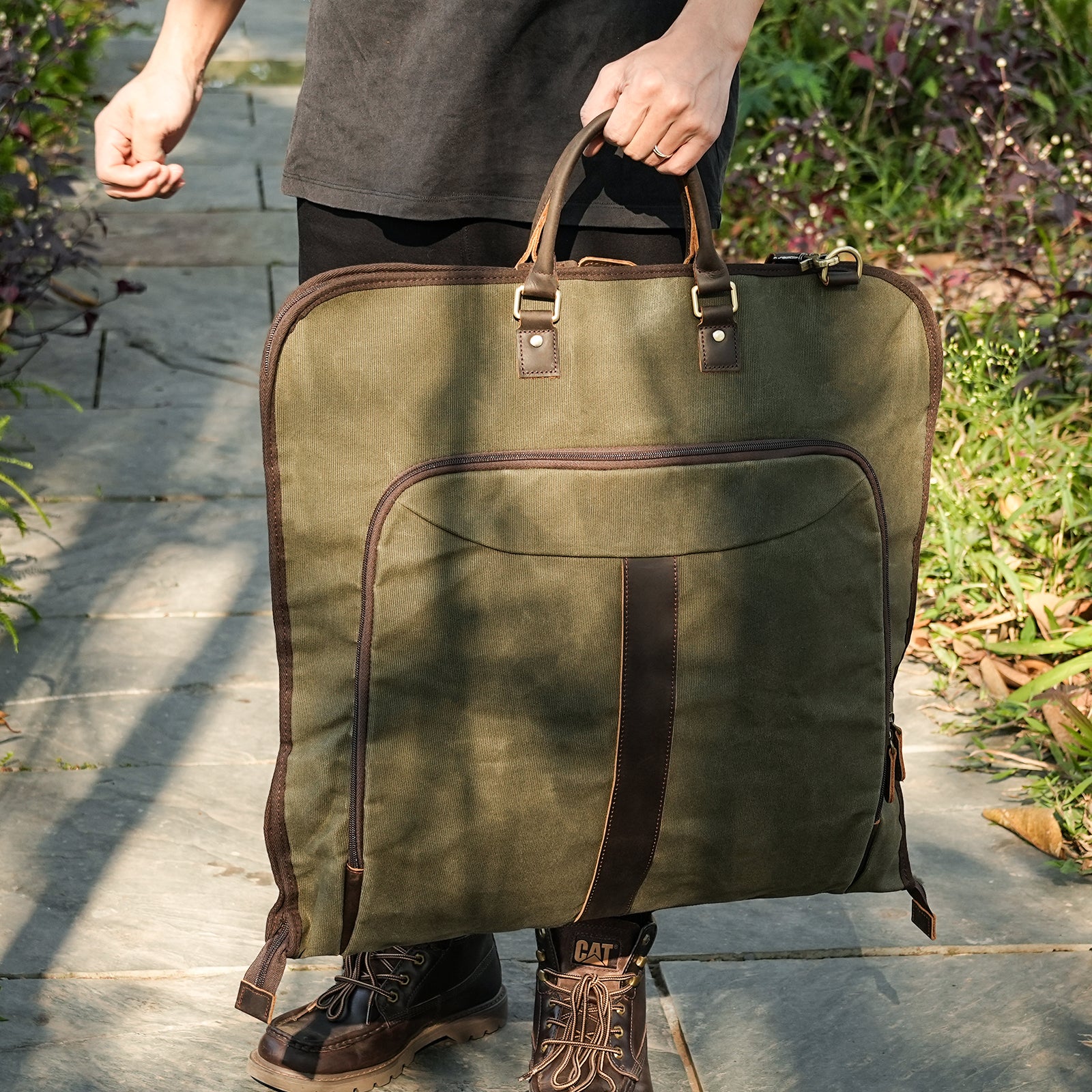 Waxed Canvas Full Grain Leather Trim Garment Carry On Bag (Waxed Canvas Garment Bag for Men)
