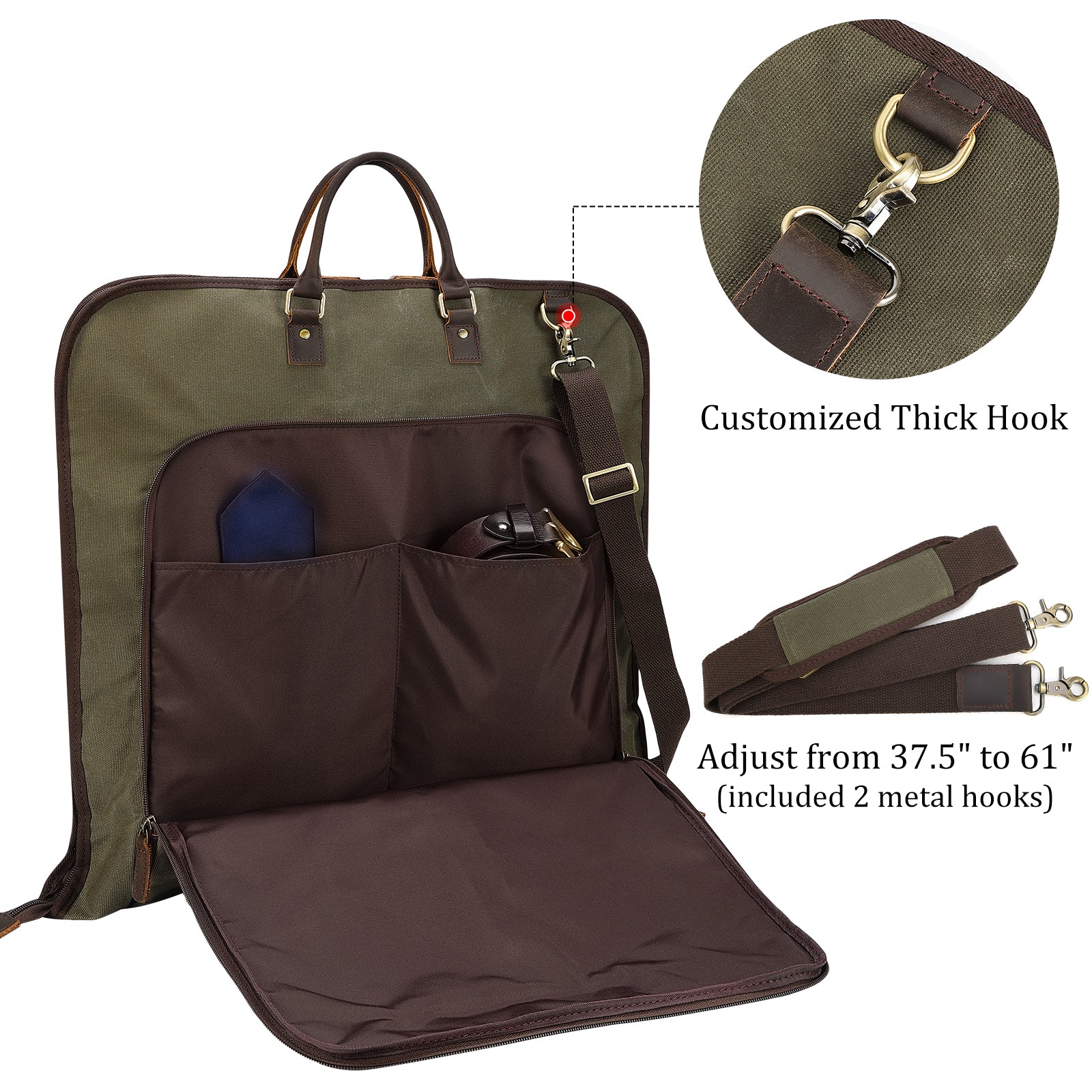 Waxed Canvas Full Grain Leather Trim Garment Carry On Bag (Front Pocket)