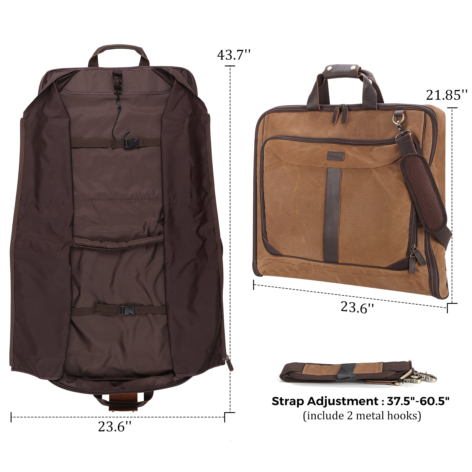 Polare Waxed Canvas Leather Trim Garment Carry on Bag (Dimension)