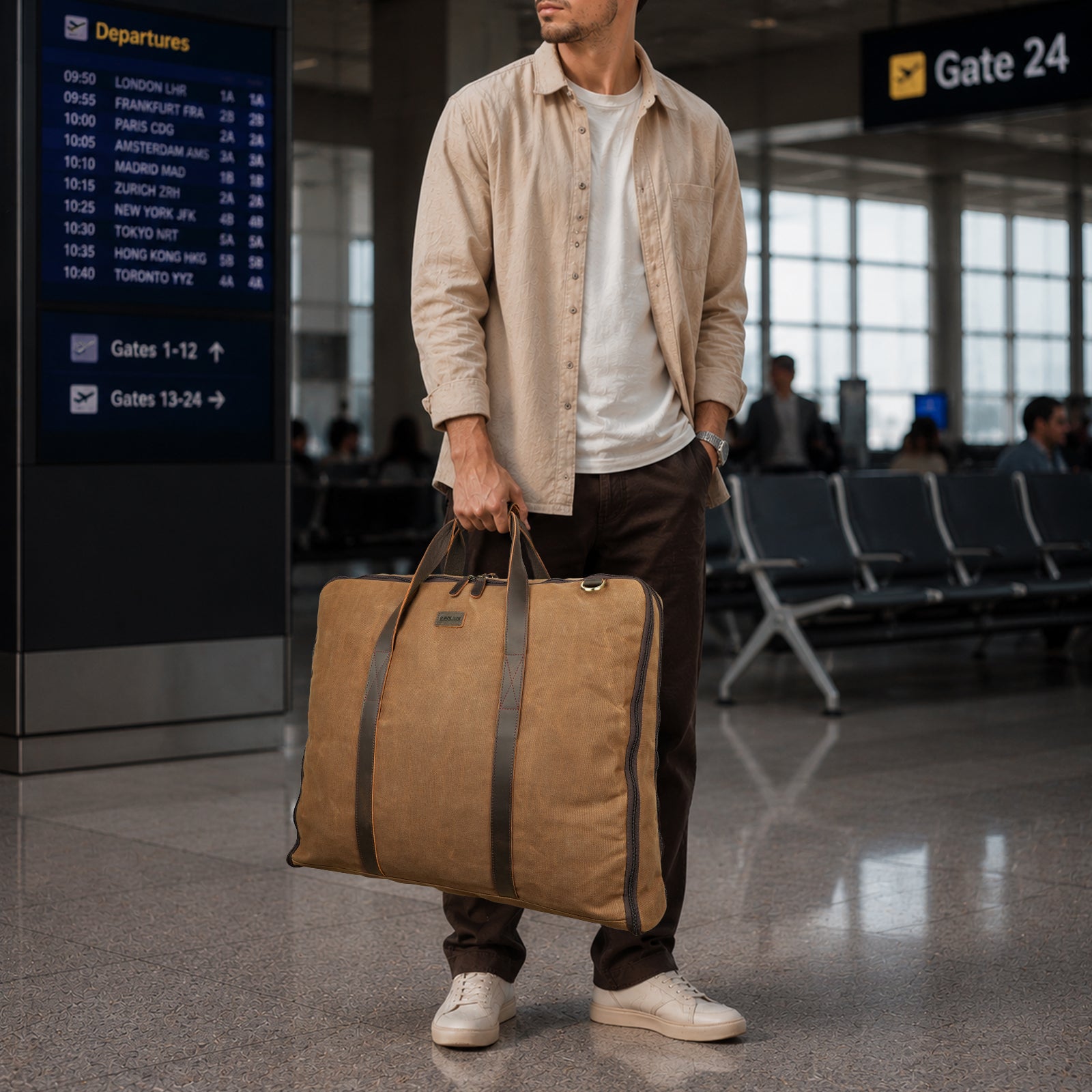 Waxed Canvas Garment Bag with Full Grain Leather Trim airport travel carry