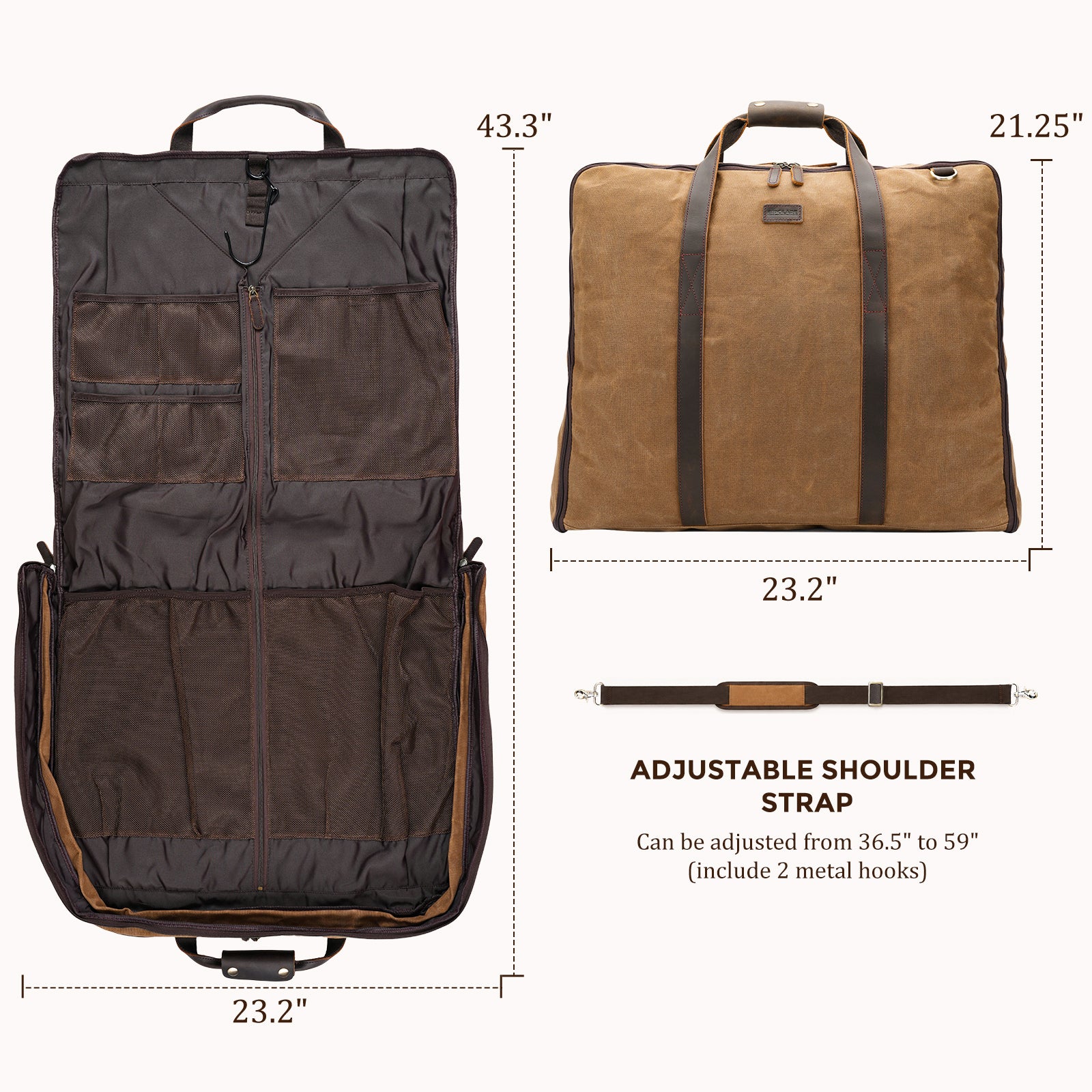 Waxed Canvas Garment Bag with Full Grain Leather Trim fits suits and dresses