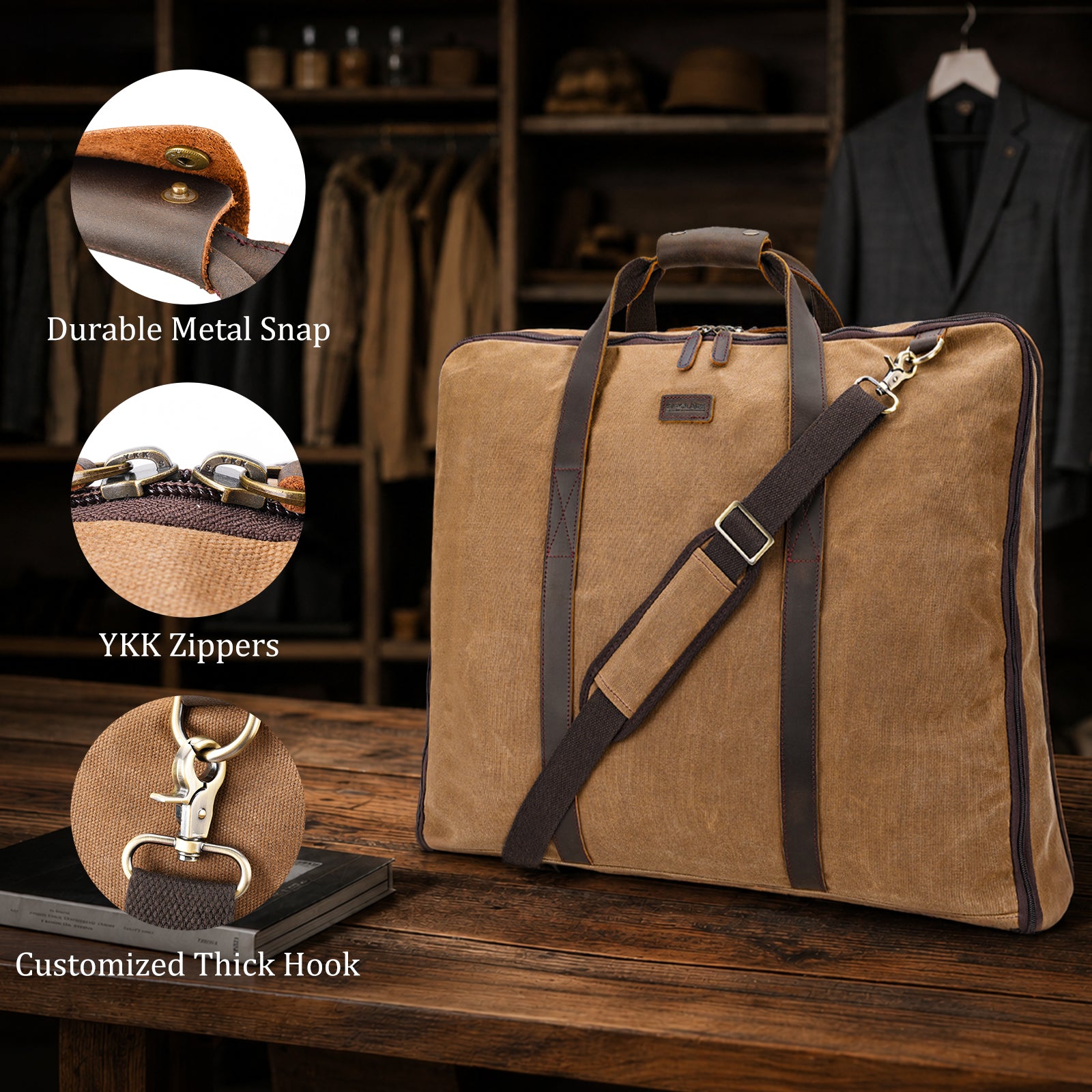 Waxed Canvas Garment Bag with Full Grain Leather Trim YKK zipper metal hardware