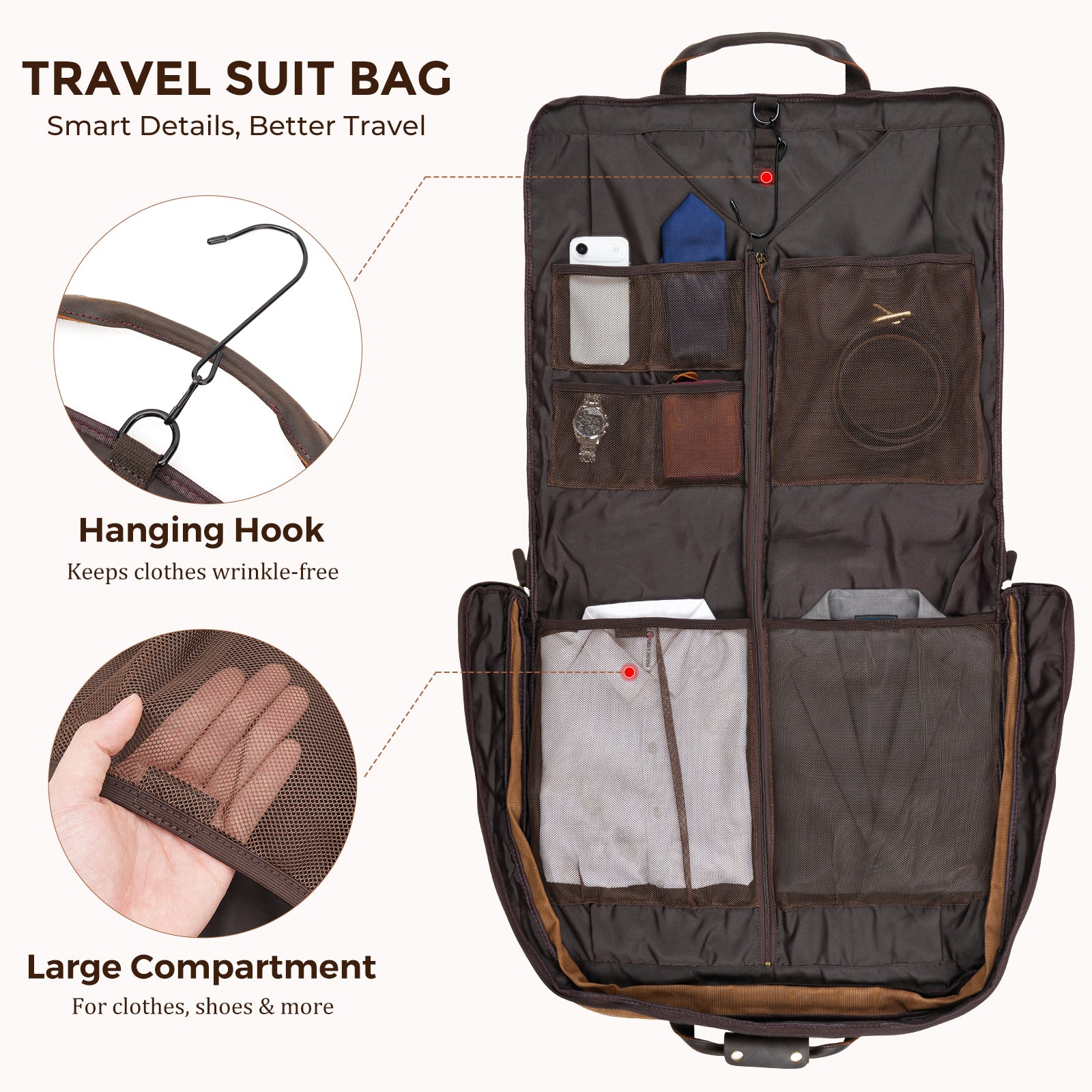 Waxed Canvas Garment Bag with Full Grain Leather Trim hanging suit organizer
