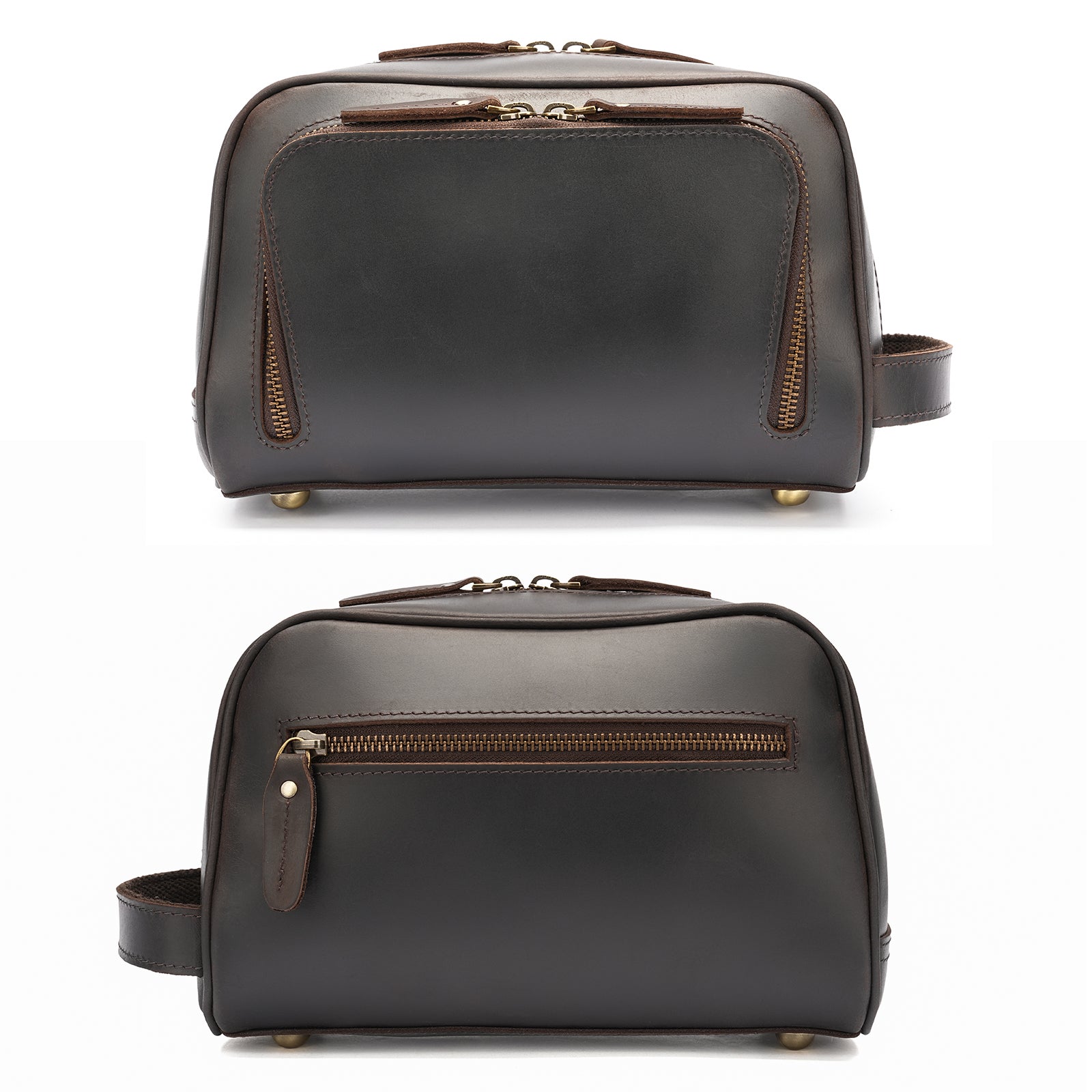 Full Grain Leather Handmade Travel Toiletry Bag (Dark Brown, Front/Back)