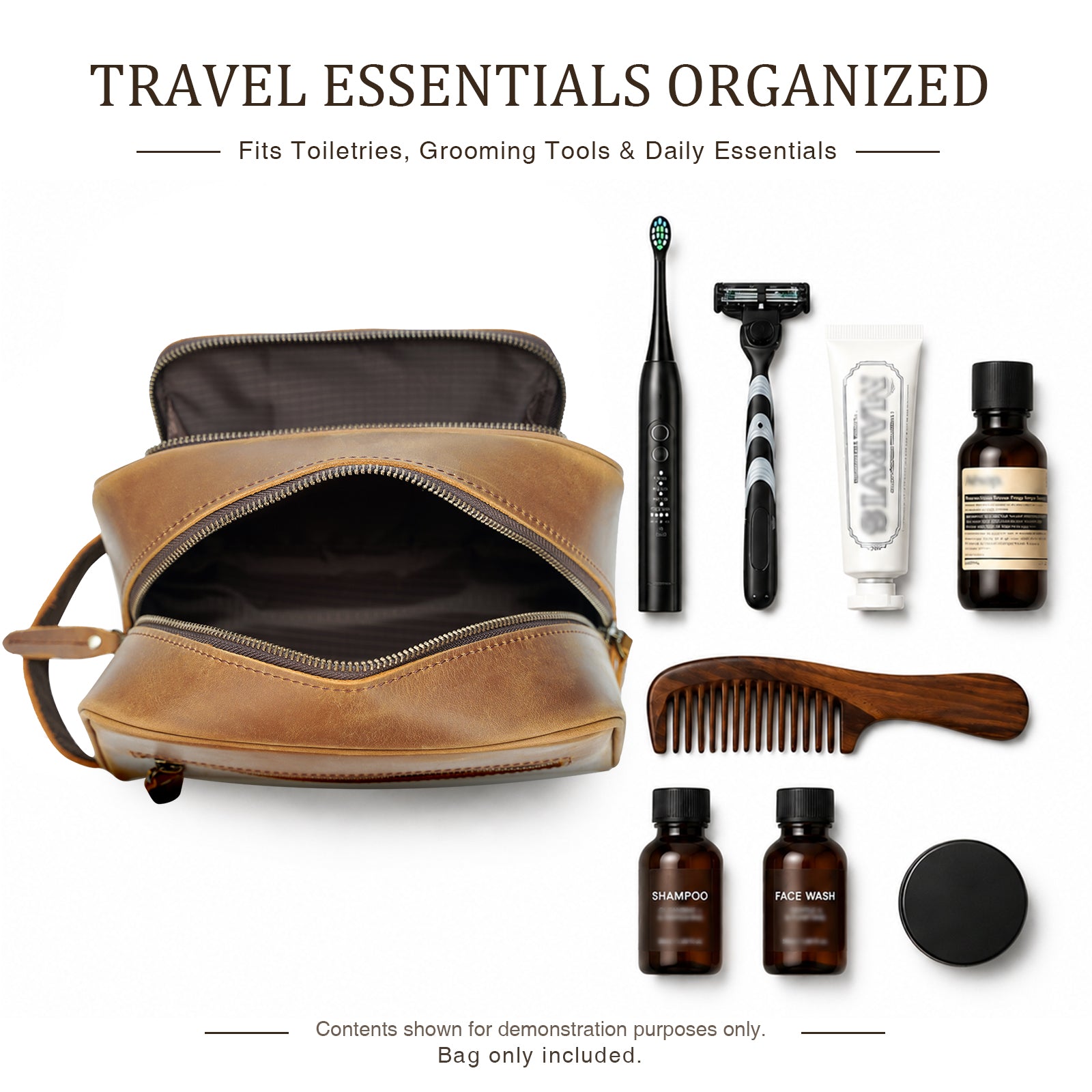 Full Grain Leather Handmade Travel Toiletry Bag (Brown, Inside)