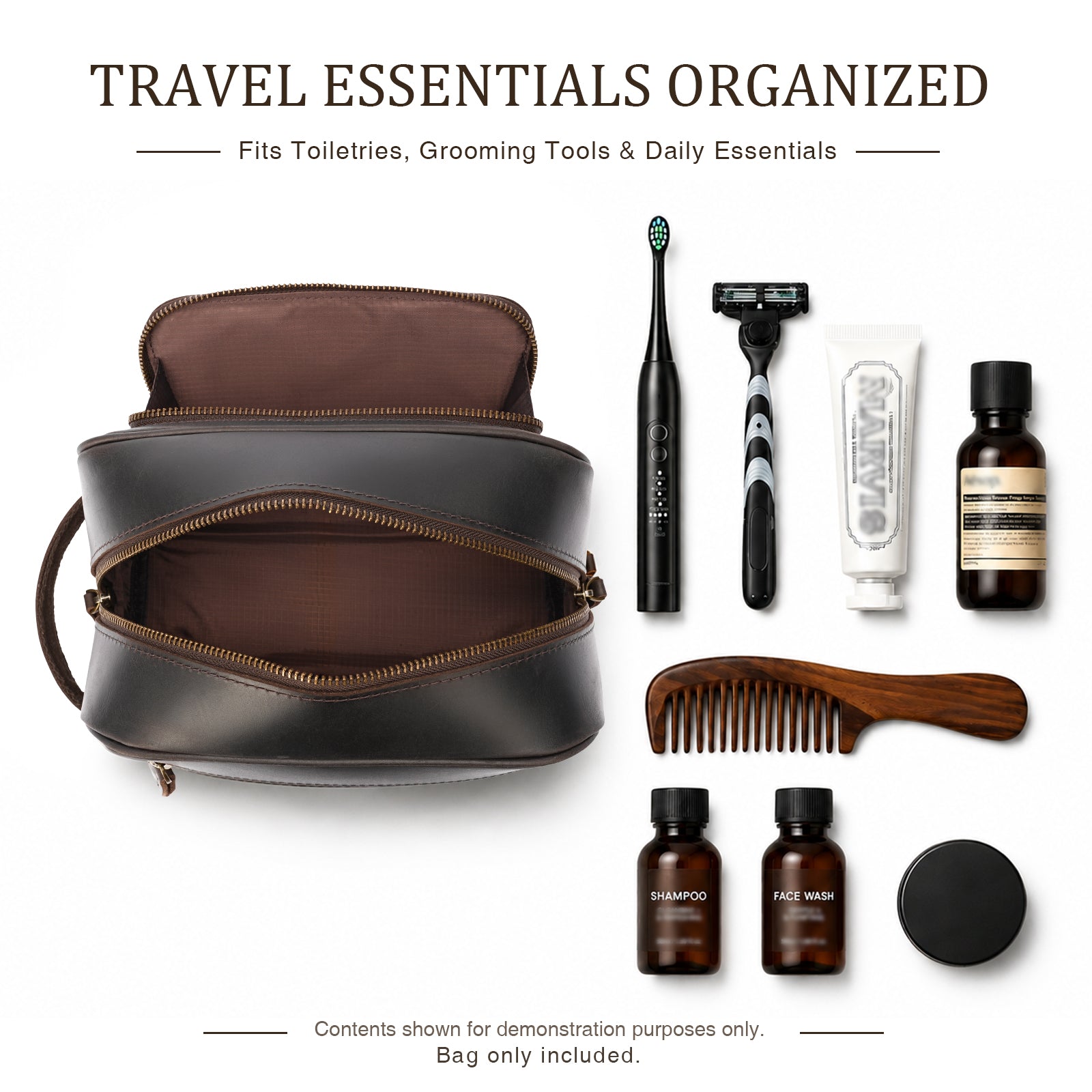 Full Grain Leather Handmade Travel Toiletry Bag (Dark Brown,Inside)