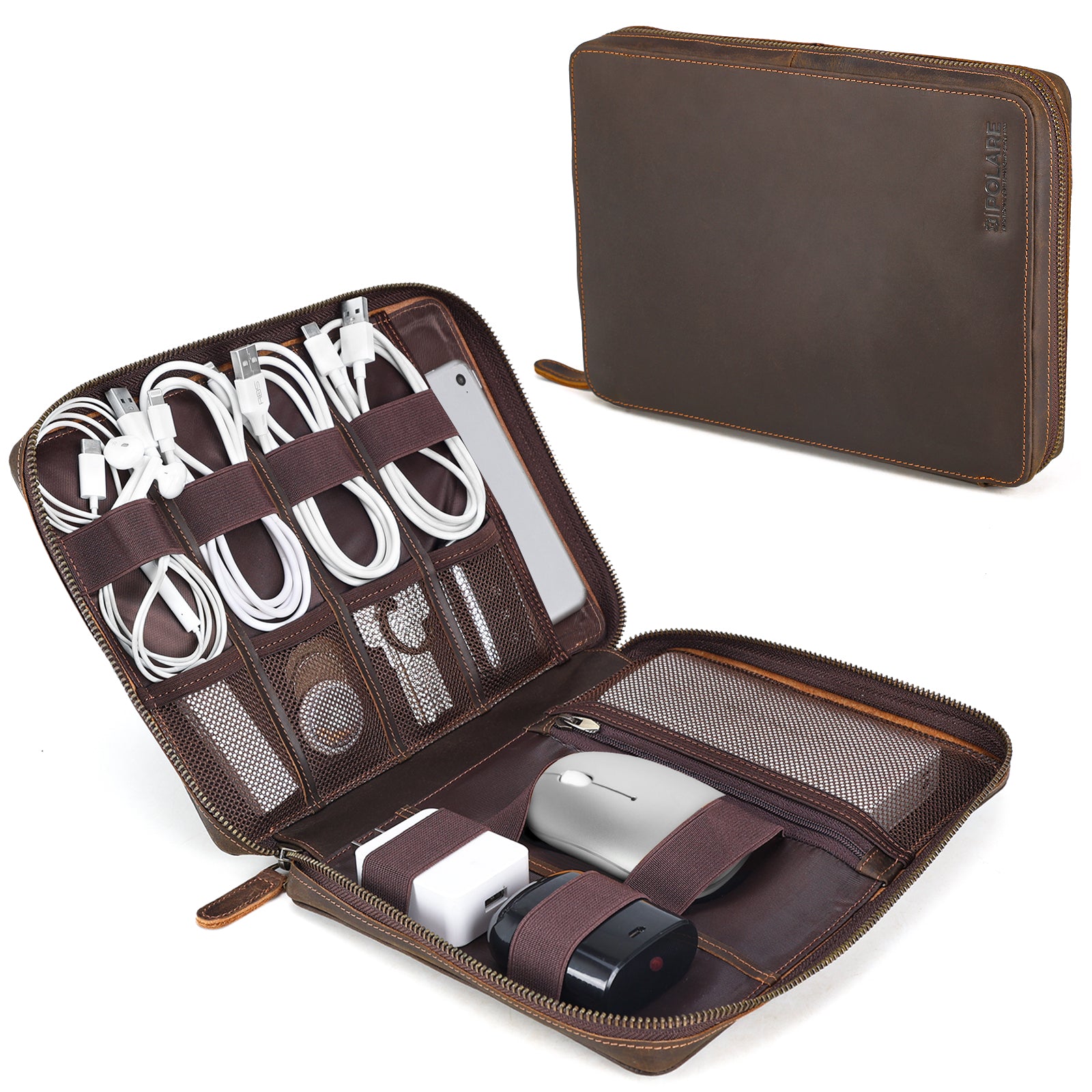 Leather Travel Cable Organizer Case Electronics Accessories Storage Bag
