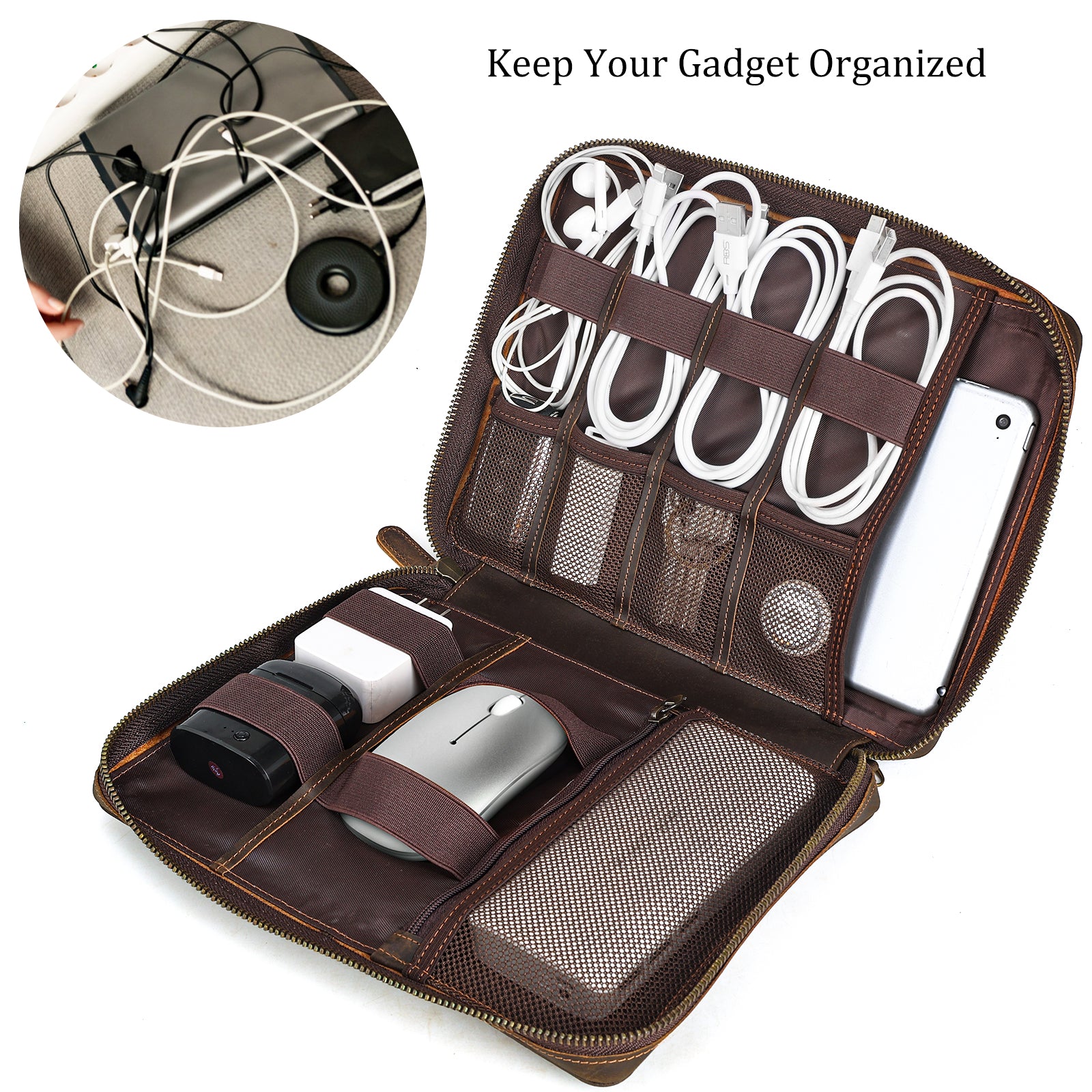 Polare Full Grain Leather Travel Cable Organizer Case Electronics Acce