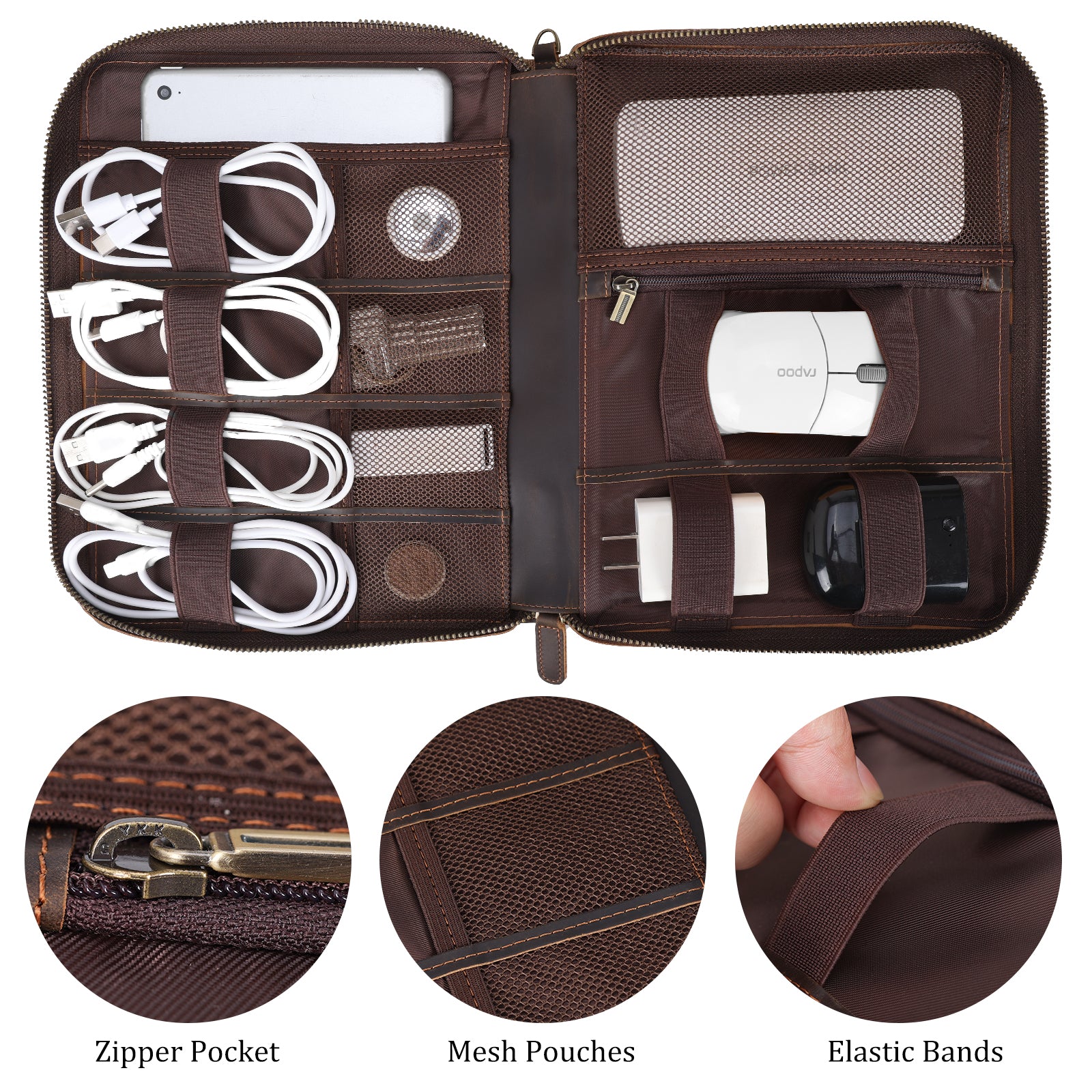 Full Grain Leather Canvas Trim Travel Electronics Accessories Cable Organizer Bag (Inside)