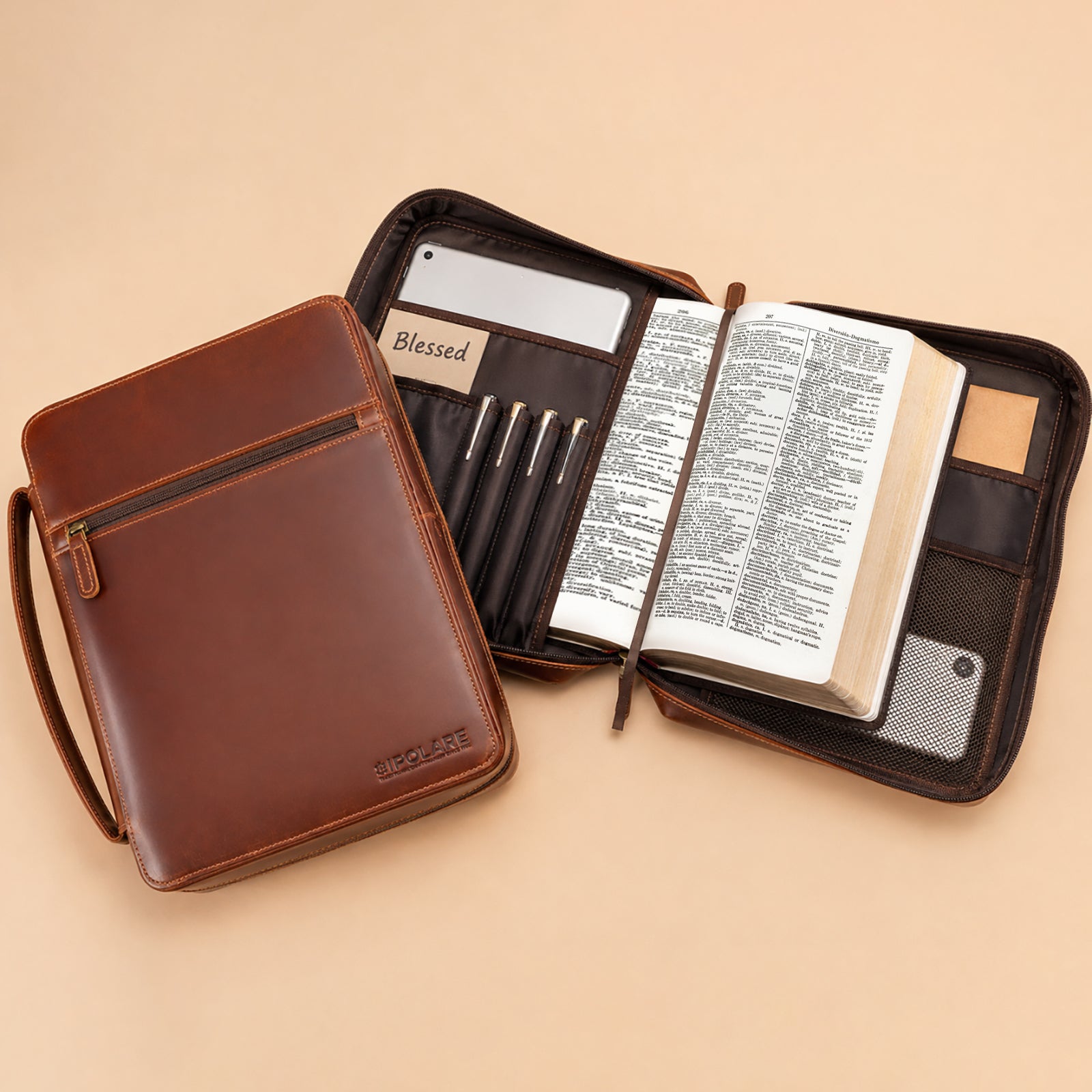 Polare Full Grain Leather Bible Cover Church Bag Bible Protective Book Holder Carrying Case Folder Organizer Portfolio for Men (Large)