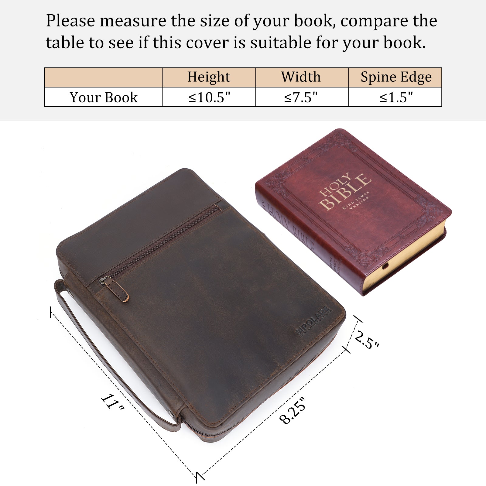 Full Grain Leather Bible Cover Book Holder Carrying Case (Dimension)