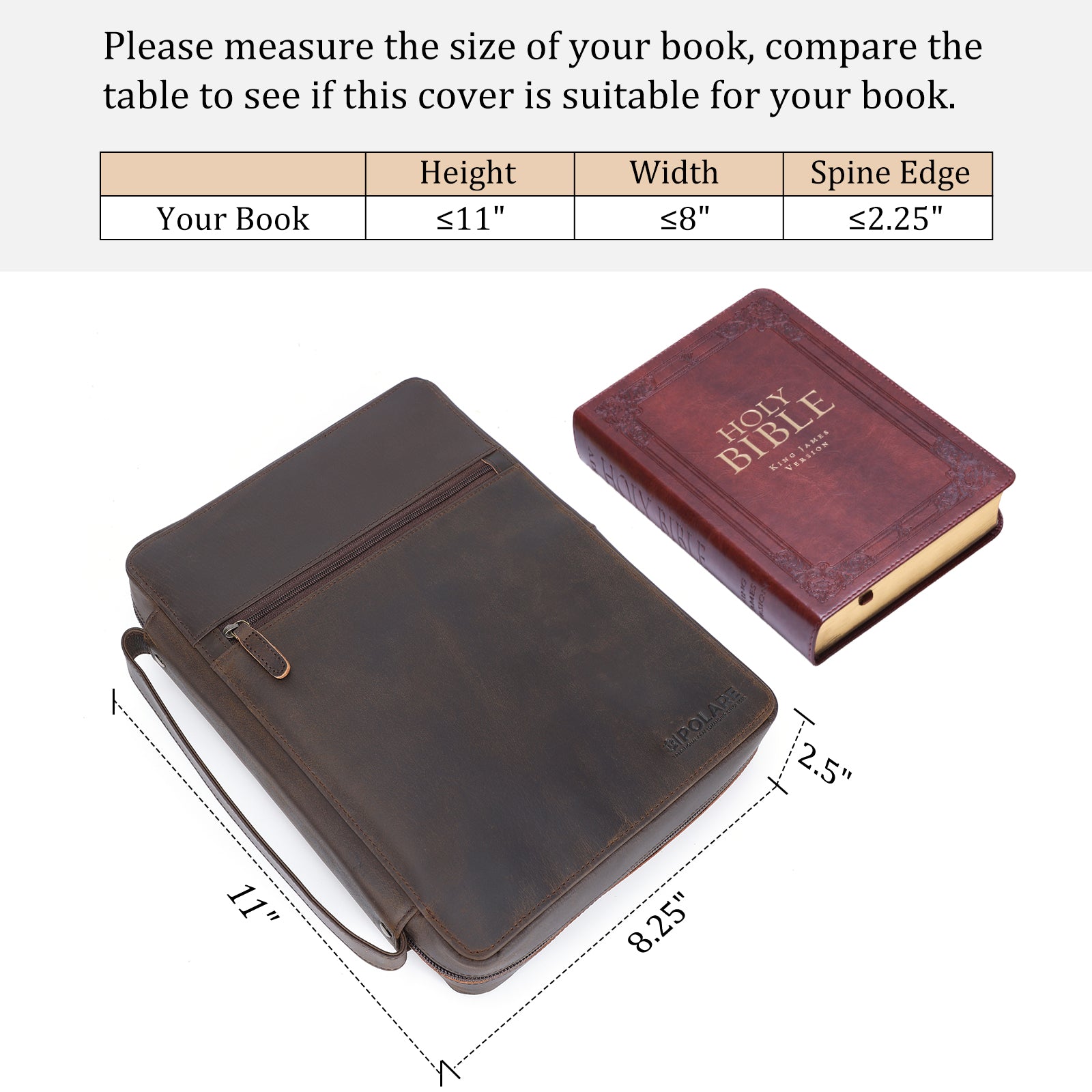 Full Grain Leather Bible Cover Book Holder Carrying Case (Dimension)
