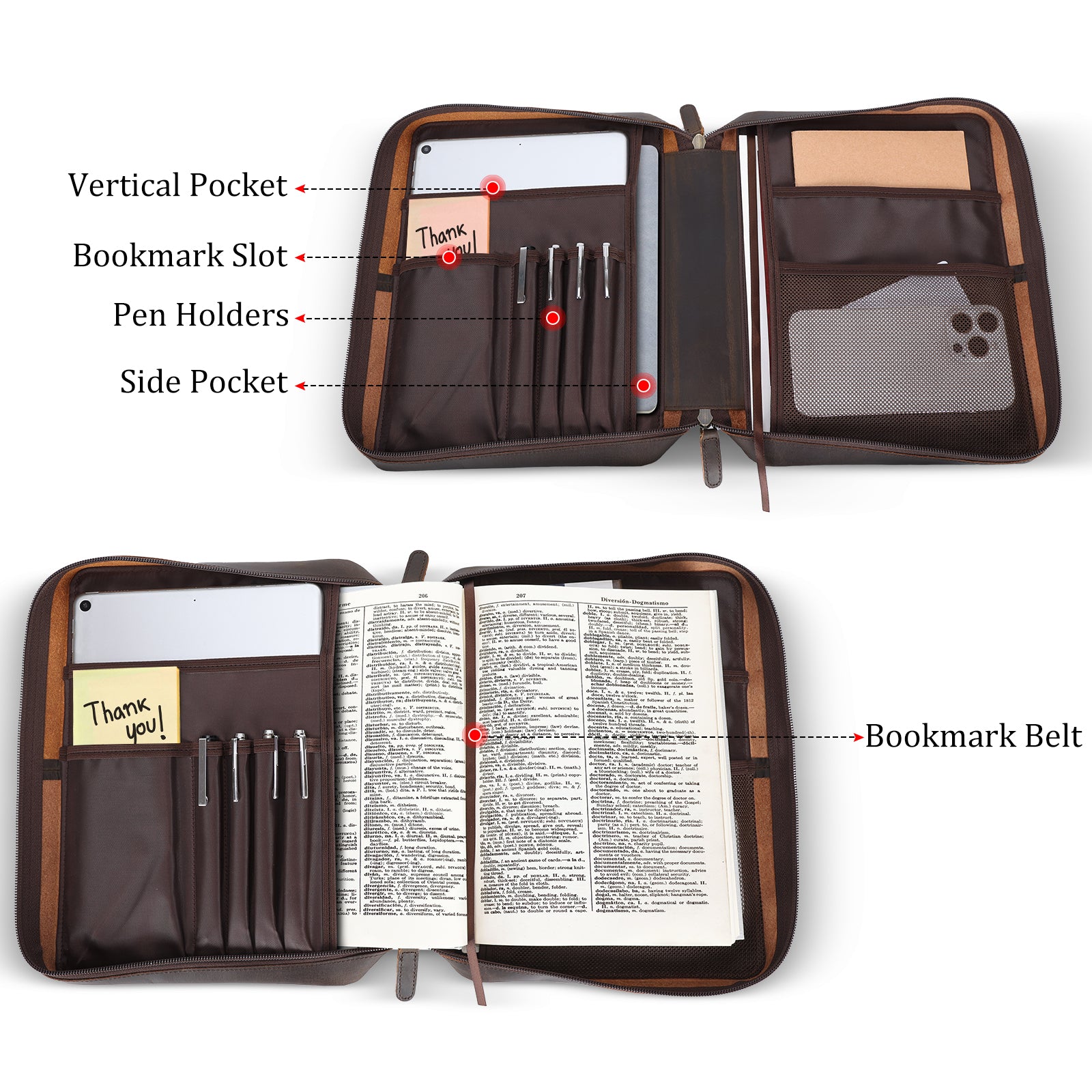 Full Grain Leather Bible Cover Book Holder Carrying Case (Inside)